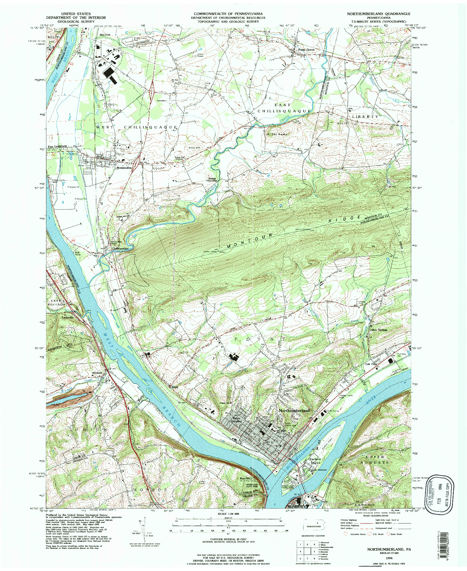 USGS 1:24000-SCALE QUADRANGLE FOR NORTHUMBERLAND, PA 1994