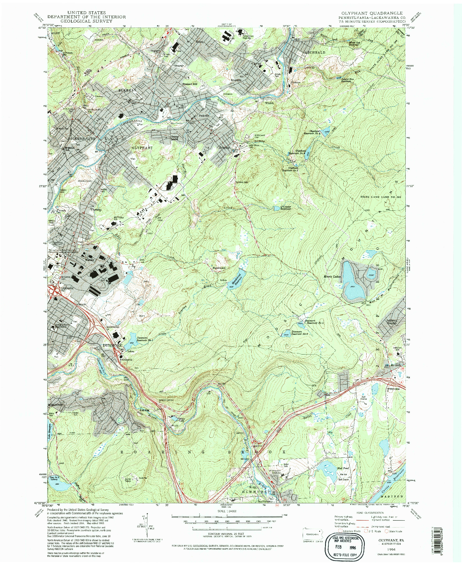 USGS 1:24000-SCALE QUADRANGLE FOR OLYPHANT, PA 1994