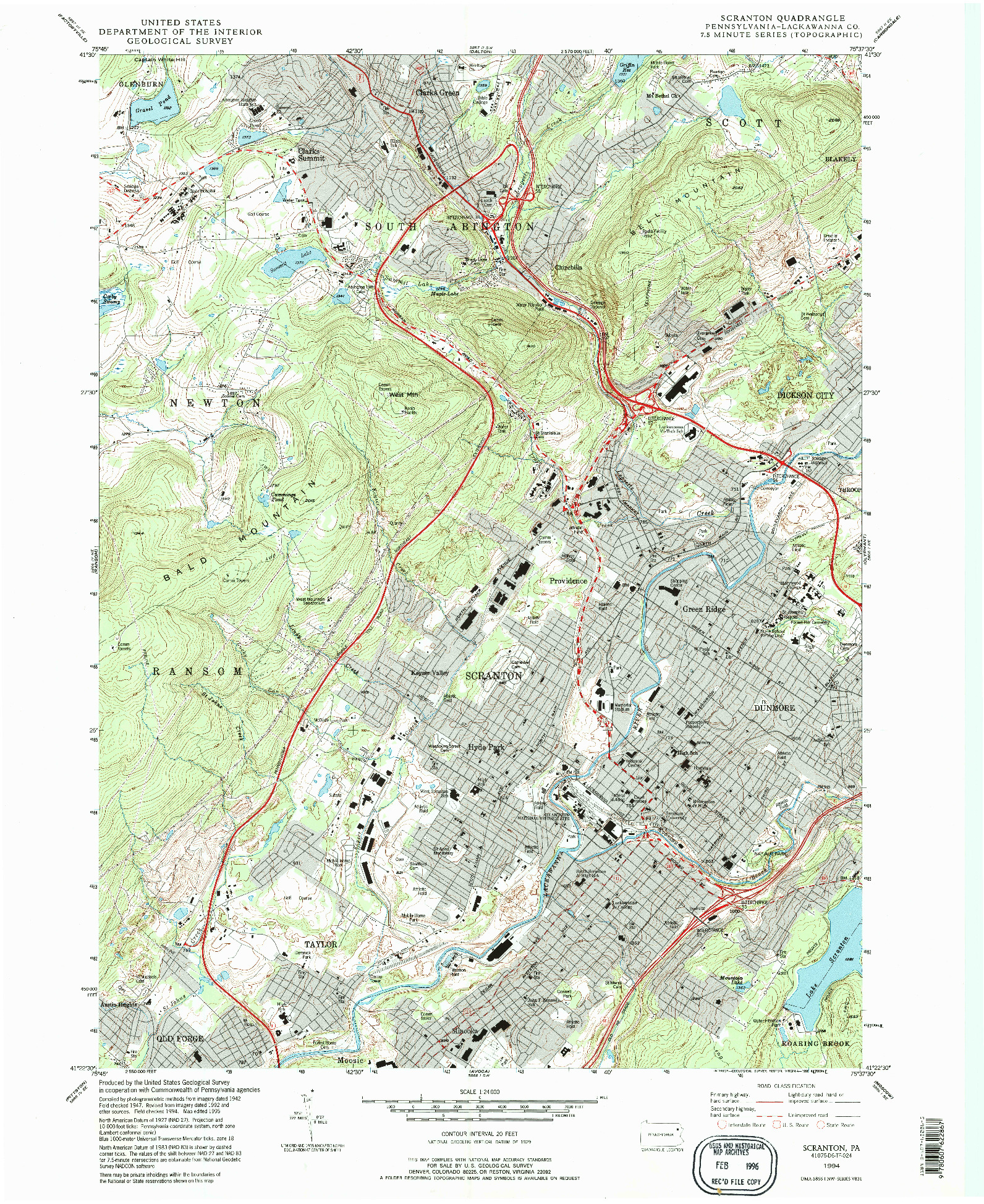 USGS 1:24000-SCALE QUADRANGLE FOR SCRANTON, PA 1994