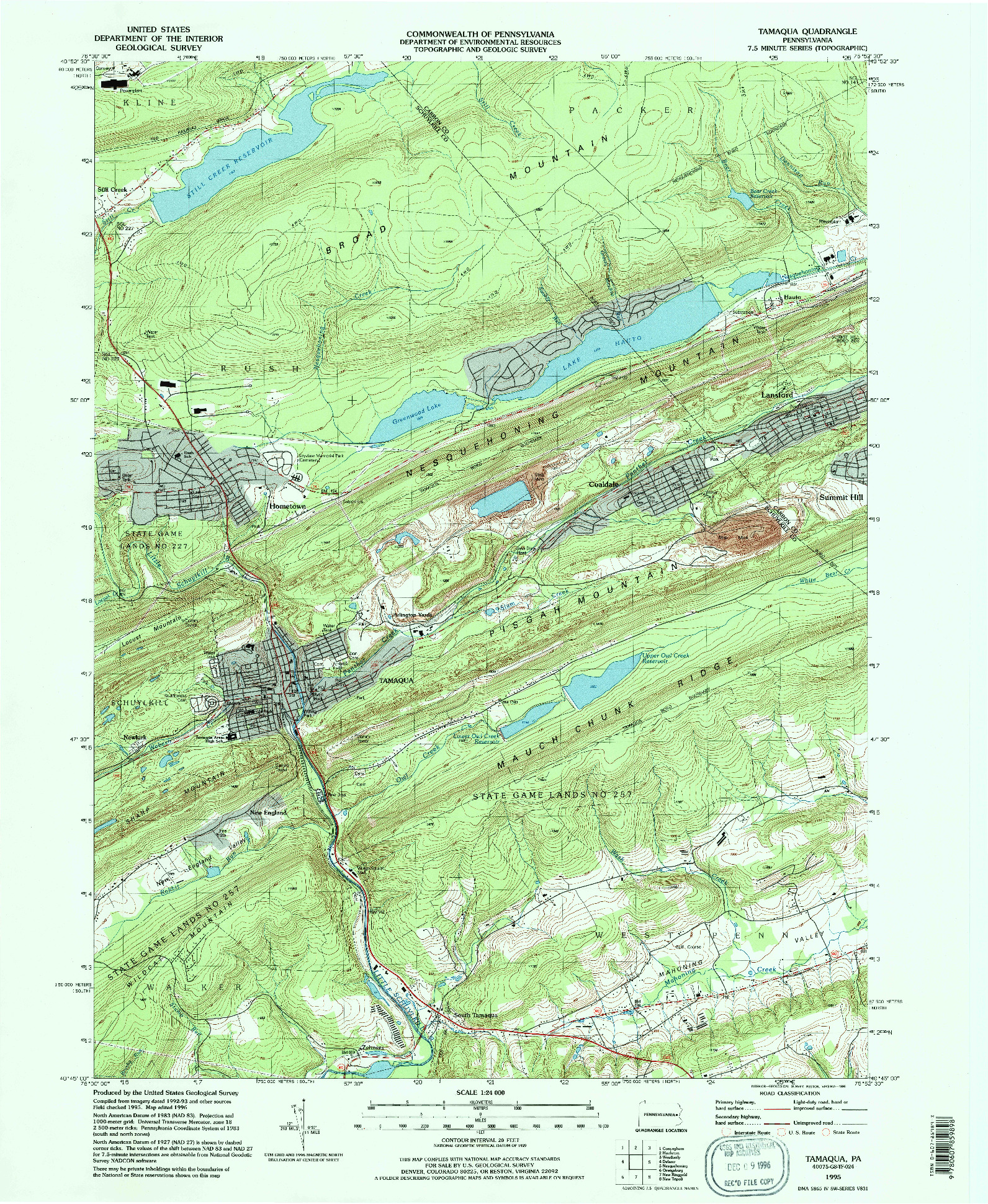 USGS 1:24000-SCALE QUADRANGLE FOR TAMAQUA, PA 1995