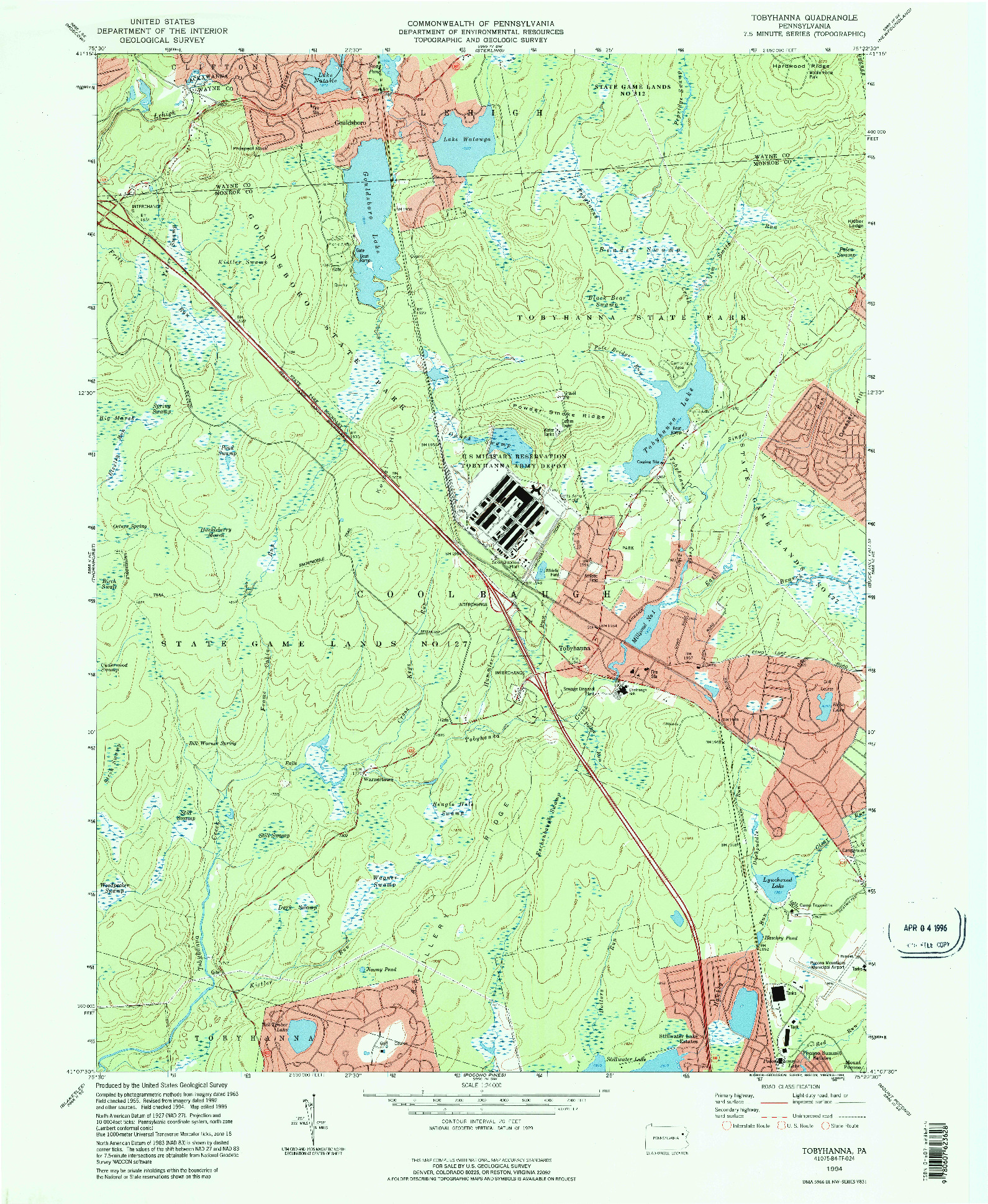USGS 1:24000-SCALE QUADRANGLE FOR TOBYHANNA, PA 1994