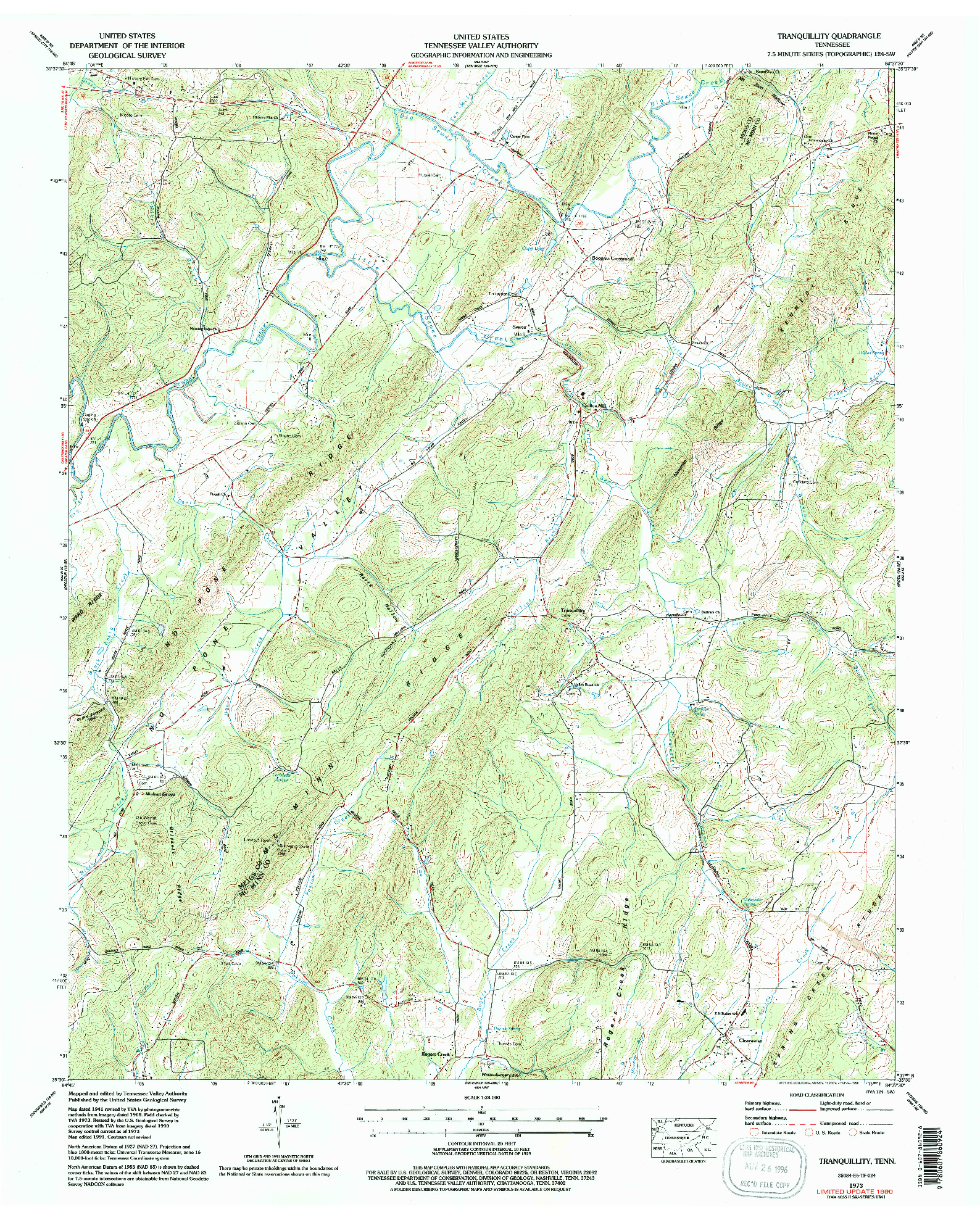 USGS 1:24000-SCALE QUADRANGLE FOR TRANQUILLITY, TN 1973