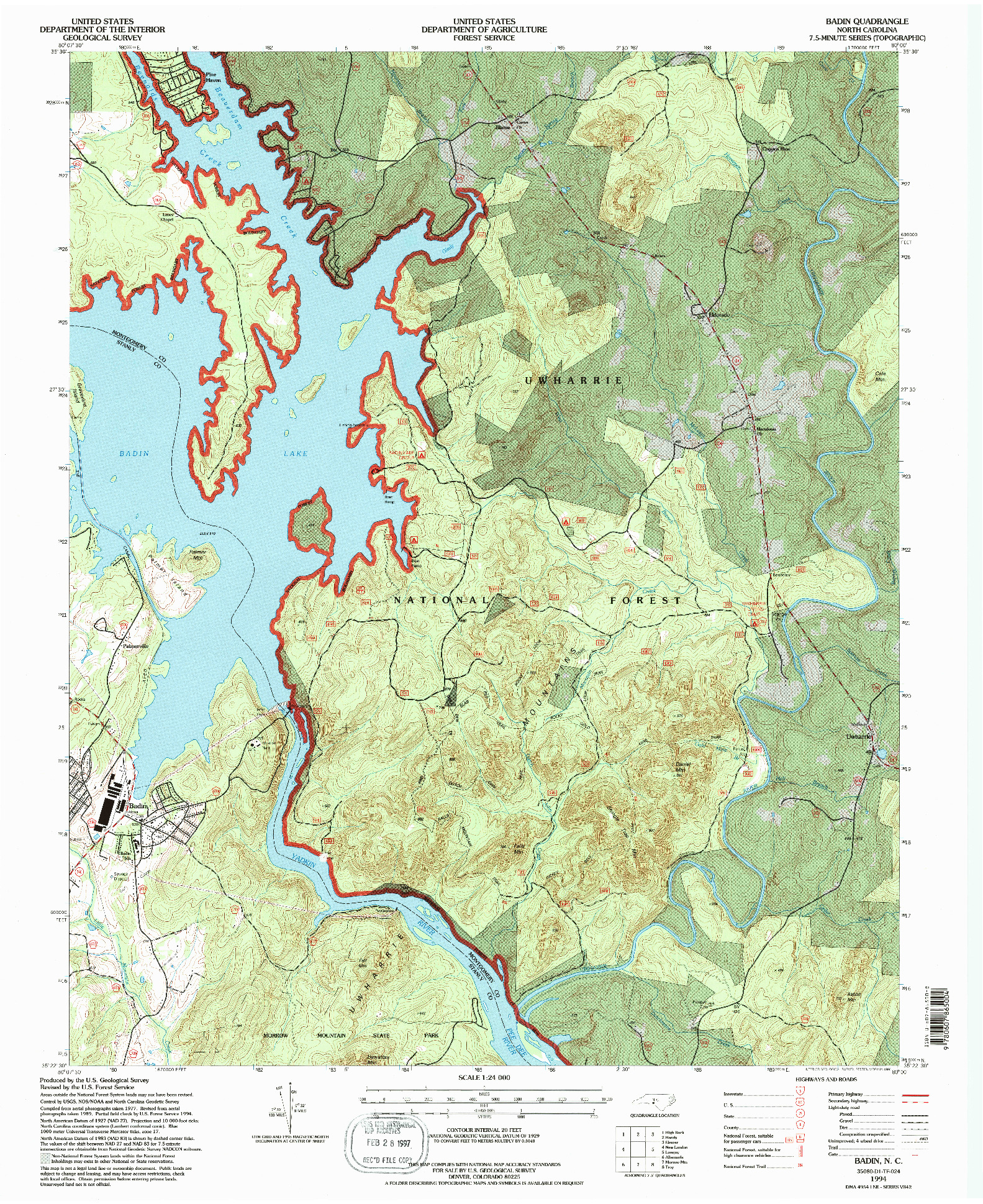 USGS 1:24000-SCALE QUADRANGLE FOR BADIN, NC 1994