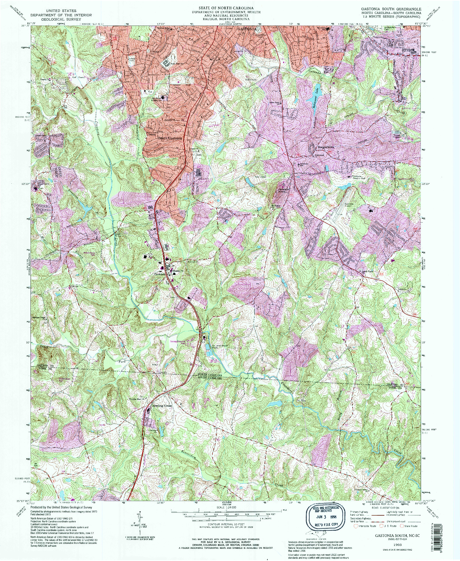 USGS 1:24000-SCALE QUADRANGLE FOR GASTONIA SOUTH, NC 1993