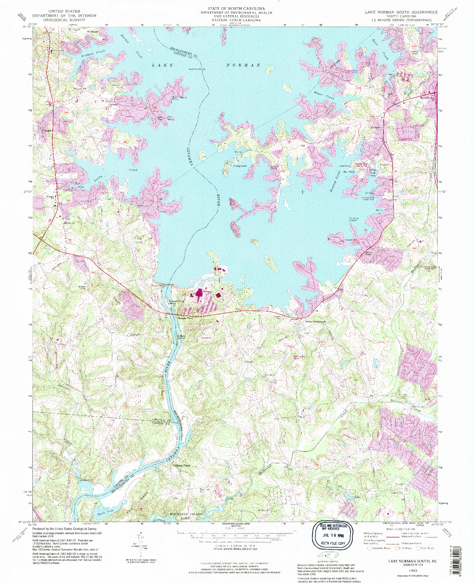 USGS 1:24000-SCALE QUADRANGLE FOR LAKE NORMAN SOUTH, NC 1993
