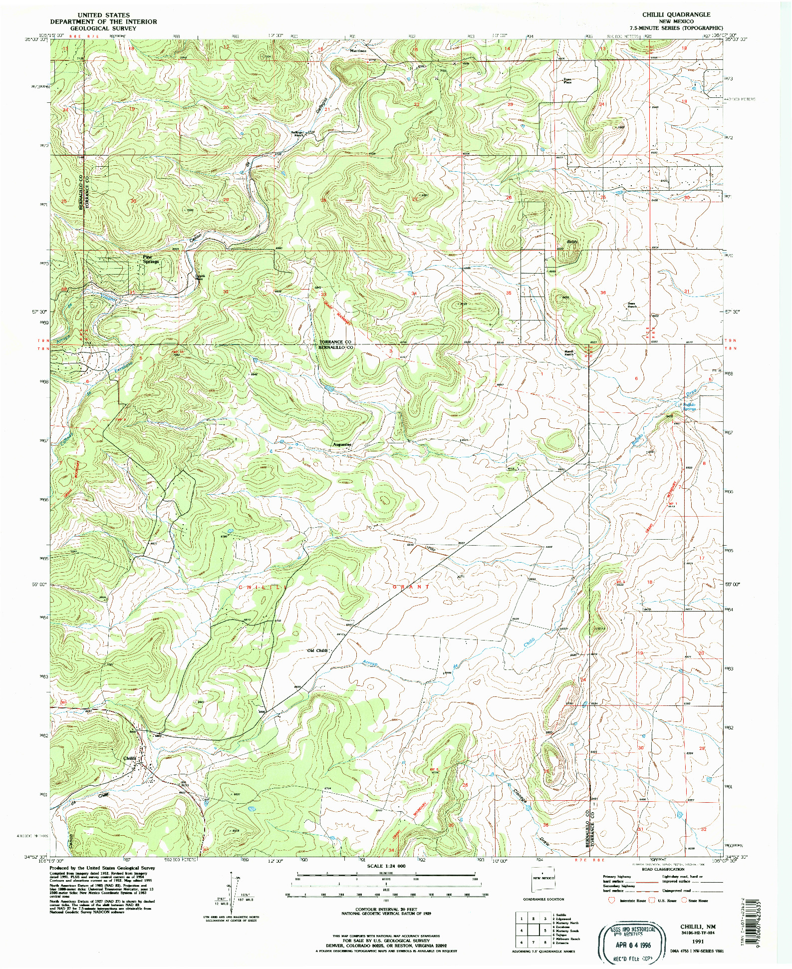 USGS 1:24000-SCALE QUADRANGLE FOR CHILILI, NM 1991