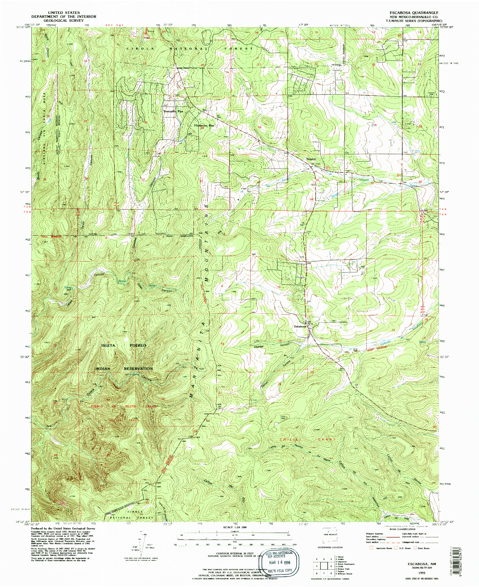 USGS 1:24000-SCALE QUADRANGLE FOR ESCABOSA, NM 1991