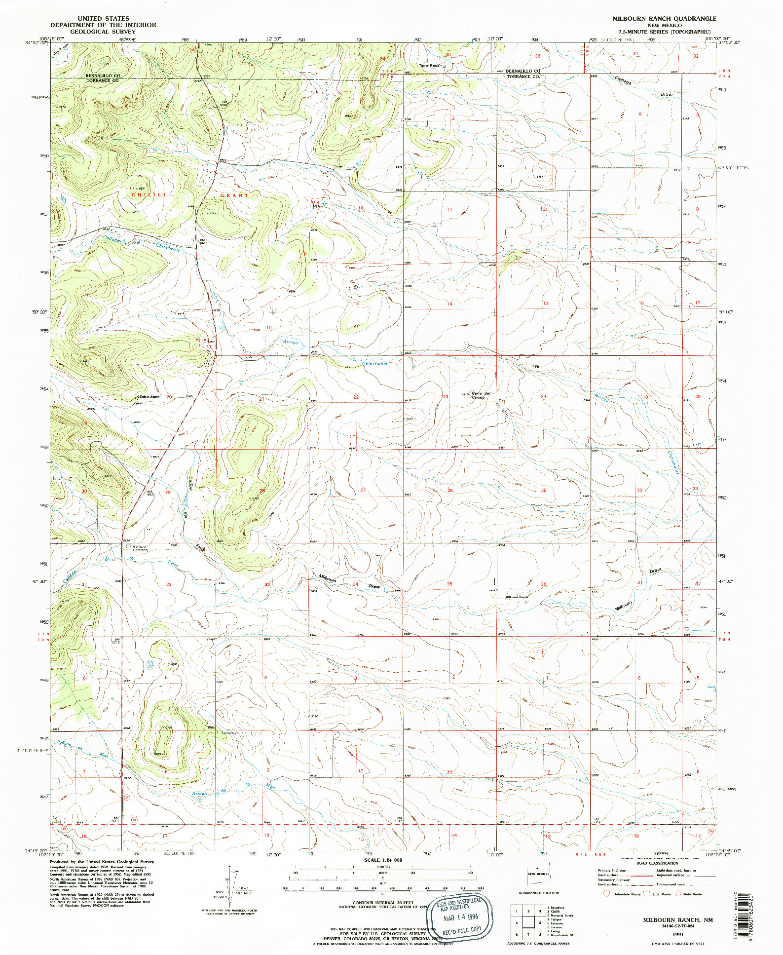 USGS 1:24000-SCALE QUADRANGLE FOR MILBOURN RANCH, NM 1991