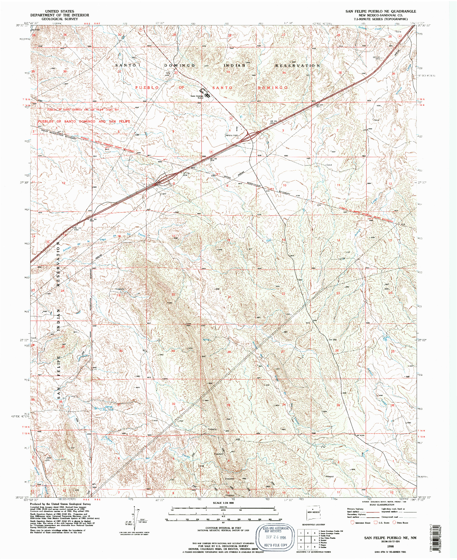 USGS 1:24000-SCALE QUADRANGLE FOR SAN FELIPE PUEBLO NE, NM 1990