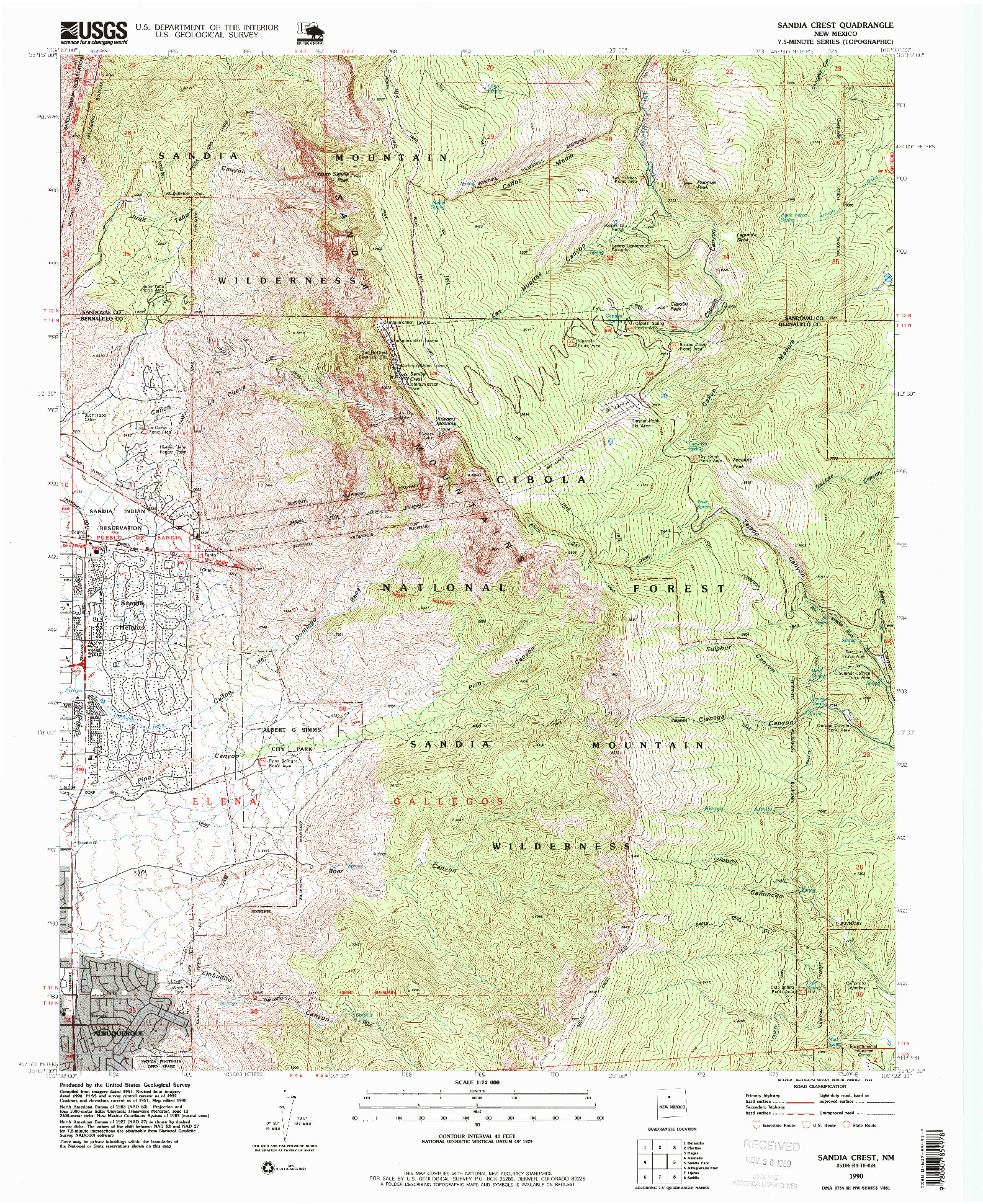 USGS 1:24000-SCALE QUADRANGLE FOR SANDIA CREST, NM 1990
