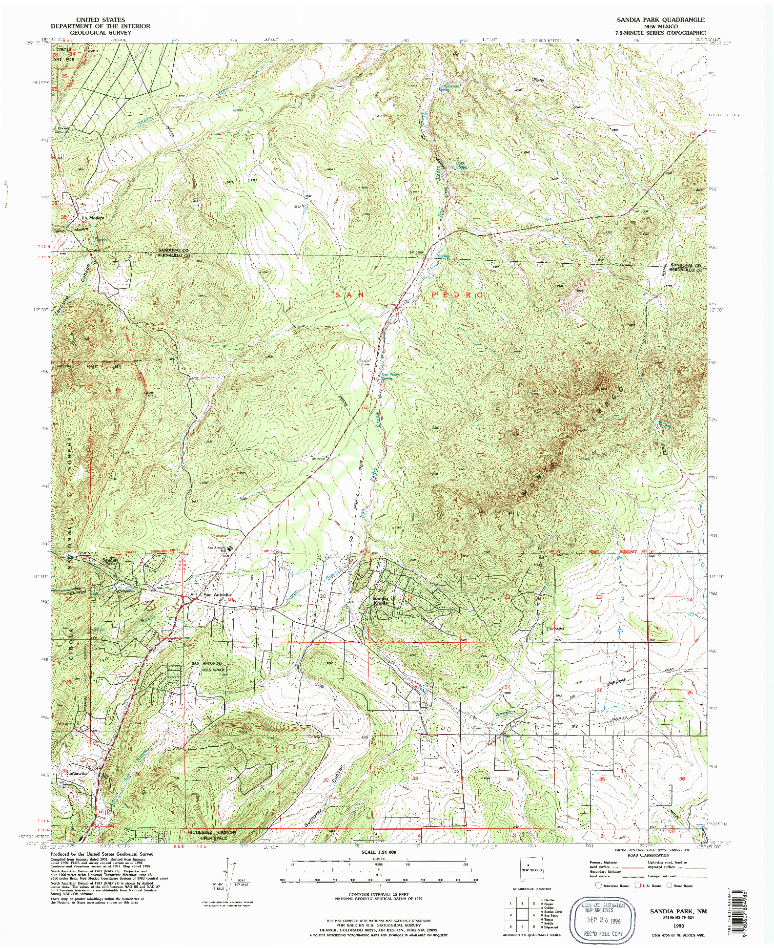 USGS 1:24000-SCALE QUADRANGLE FOR SANDIA PARK, NM 1990