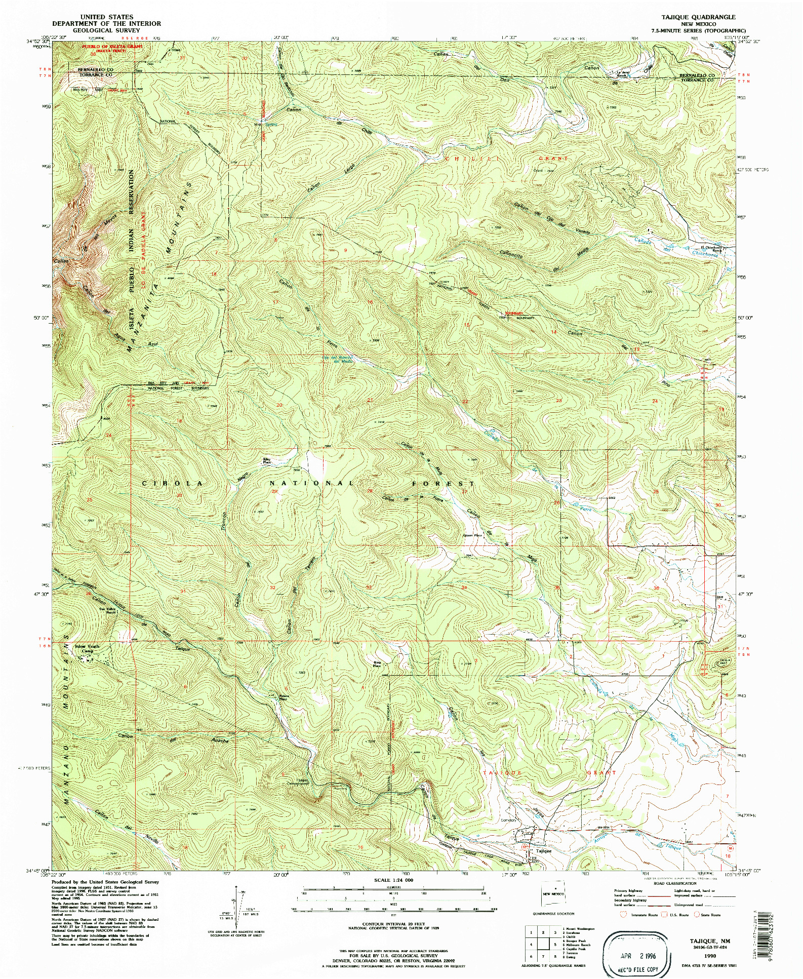 USGS 1:24000-SCALE QUADRANGLE FOR TAJIQUE, NM 1990