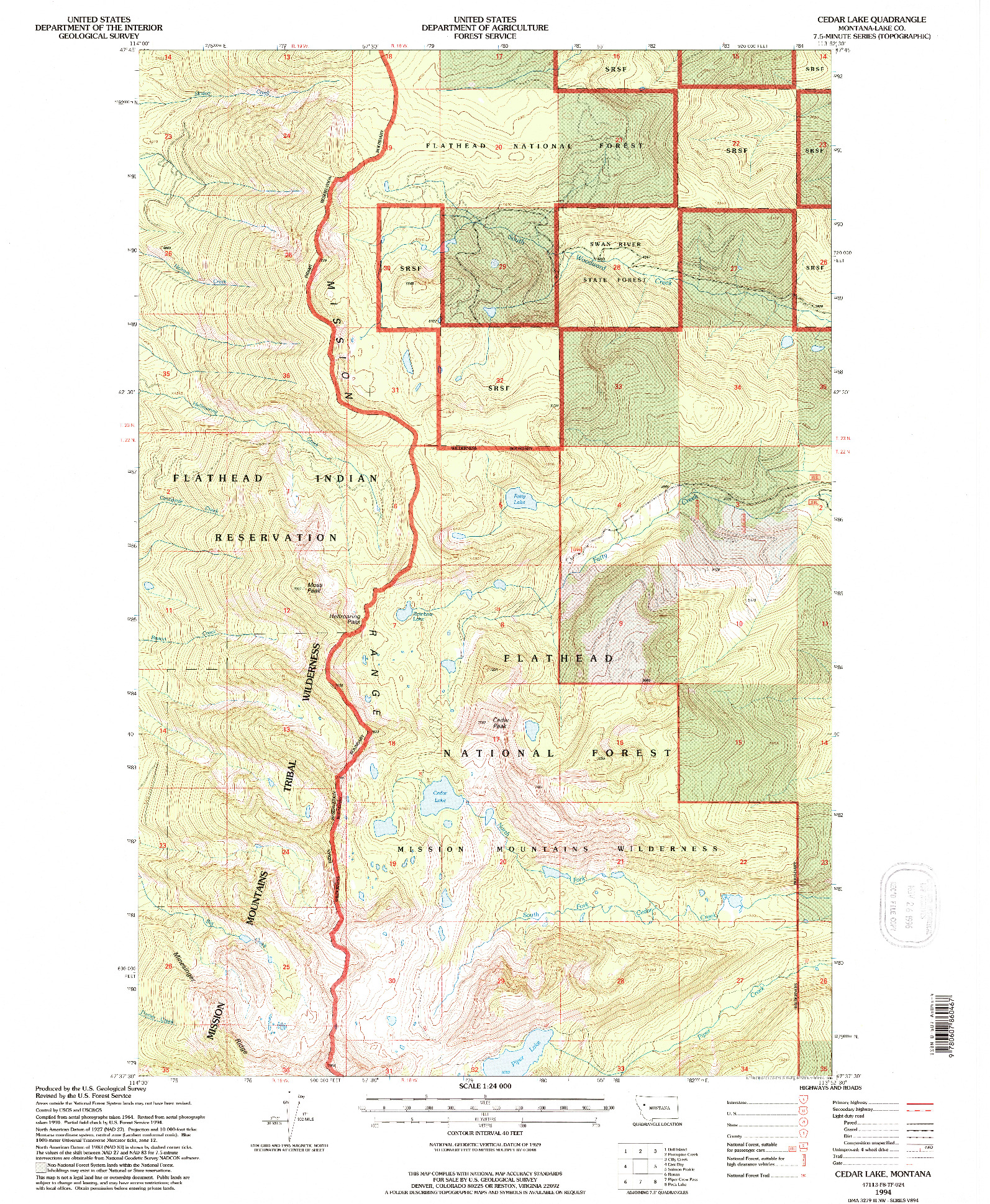 USGS 1:24000-SCALE QUADRANGLE FOR CEDAR LAKE, MT 1994