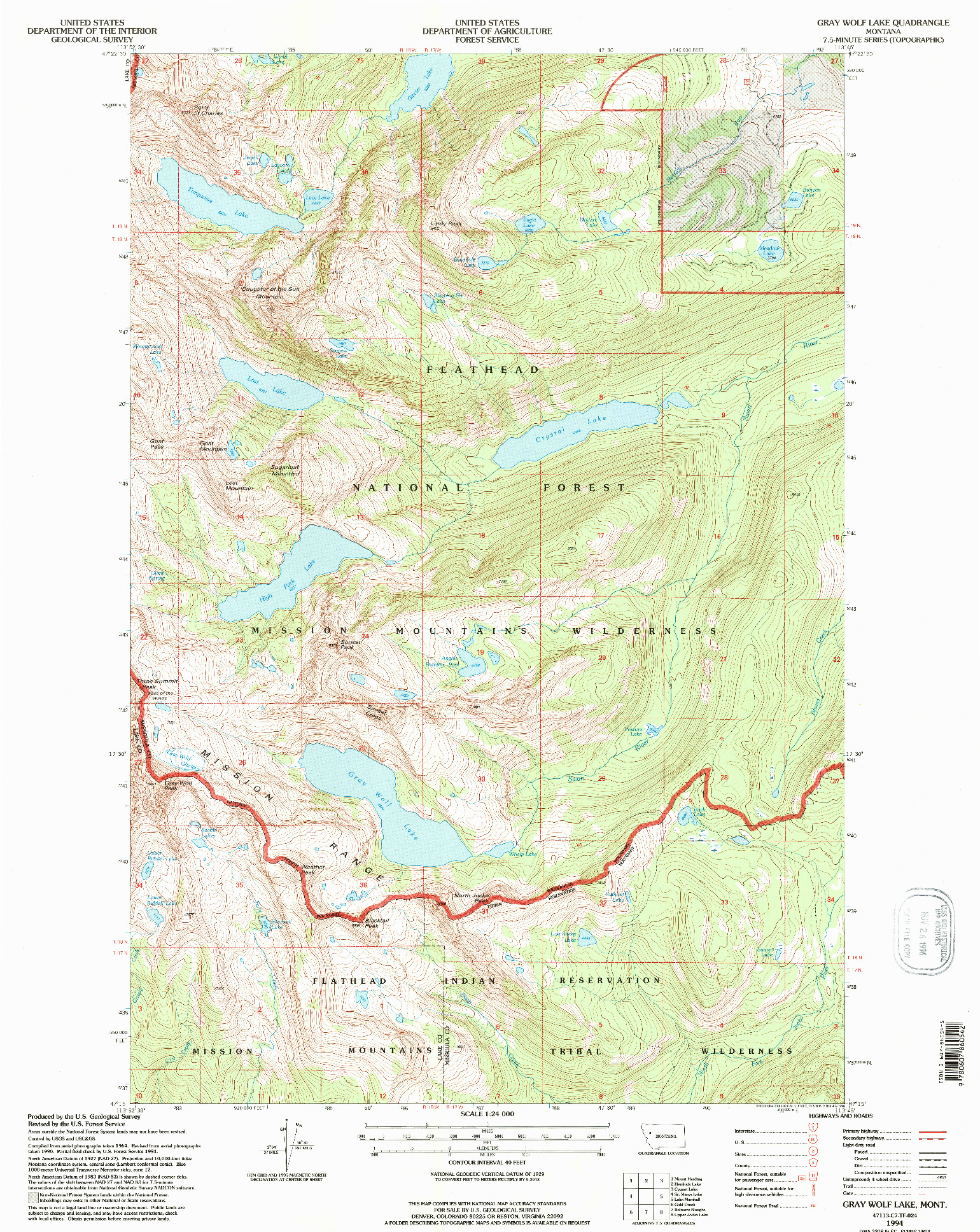 USGS 1:24000-SCALE QUADRANGLE FOR GRAY WOLF LAKE, MT 1994