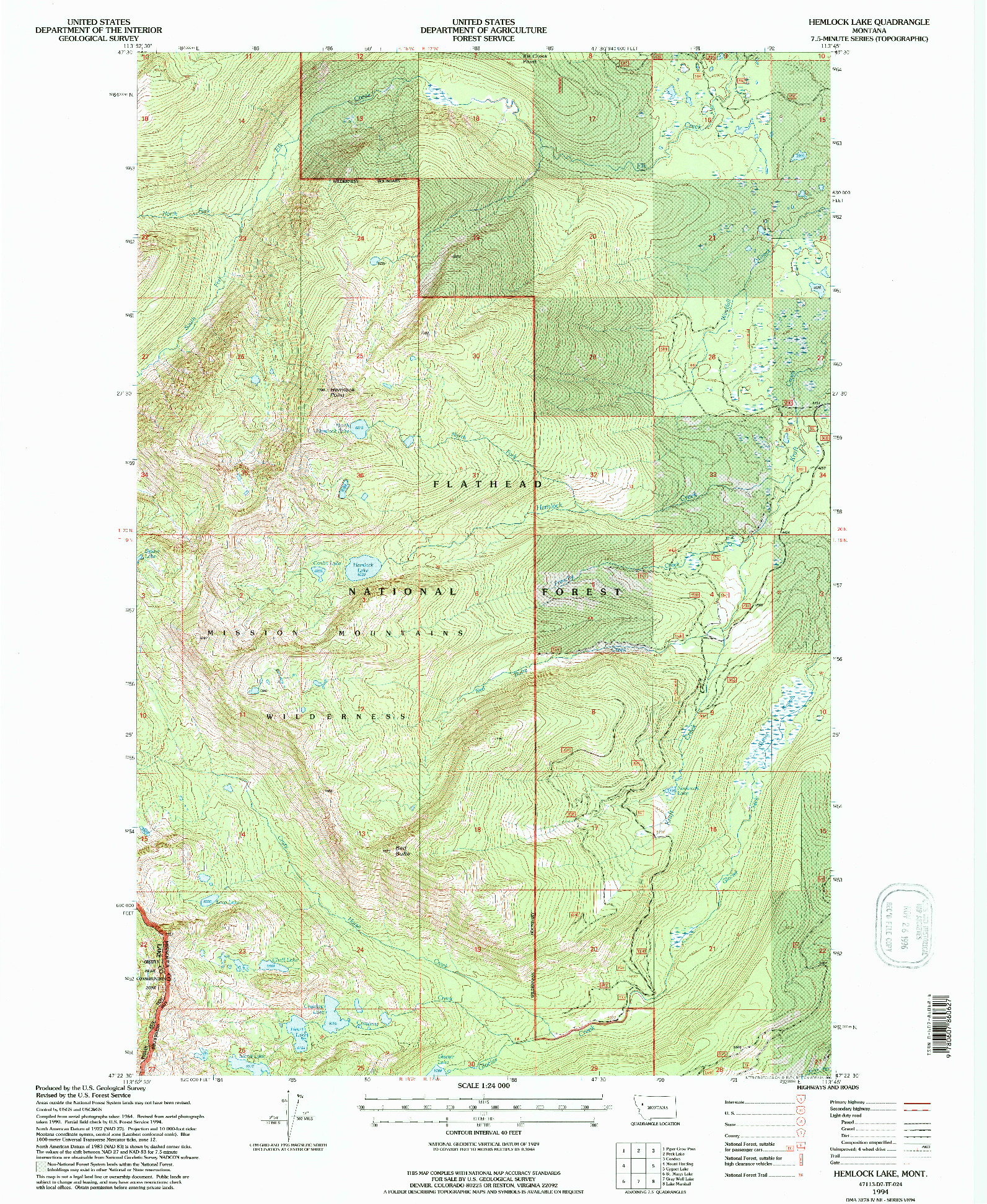 USGS 1:24000-SCALE QUADRANGLE FOR HEMLOCK LAKE, MT 1994