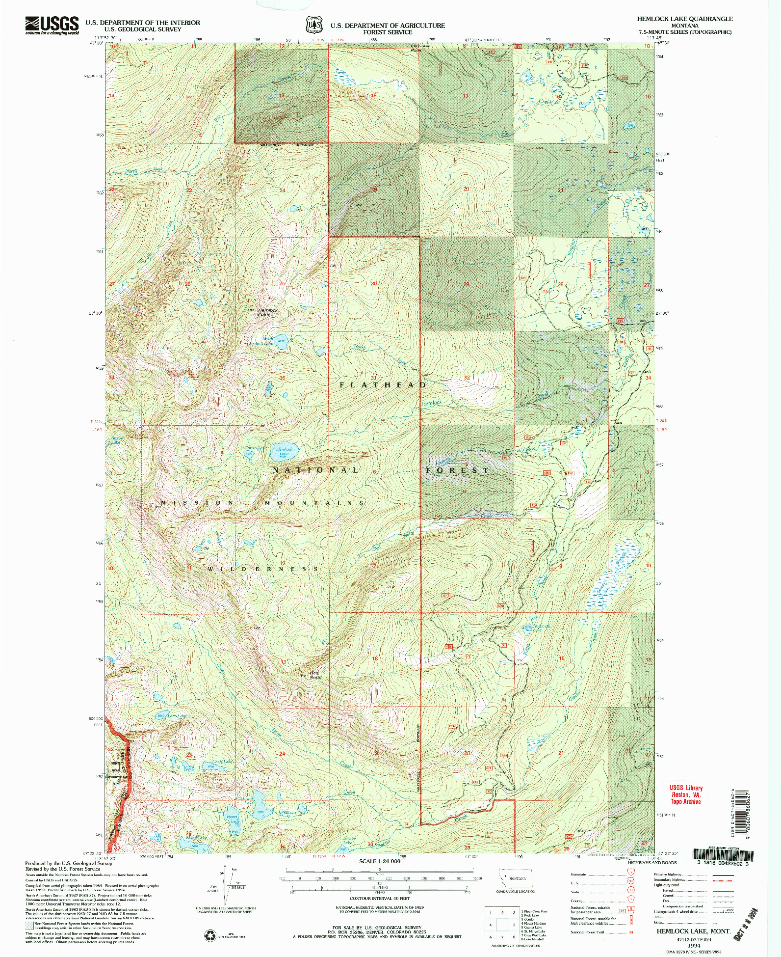 USGS 1:24000-SCALE QUADRANGLE FOR HEMLOCK LAKE, MT 1994