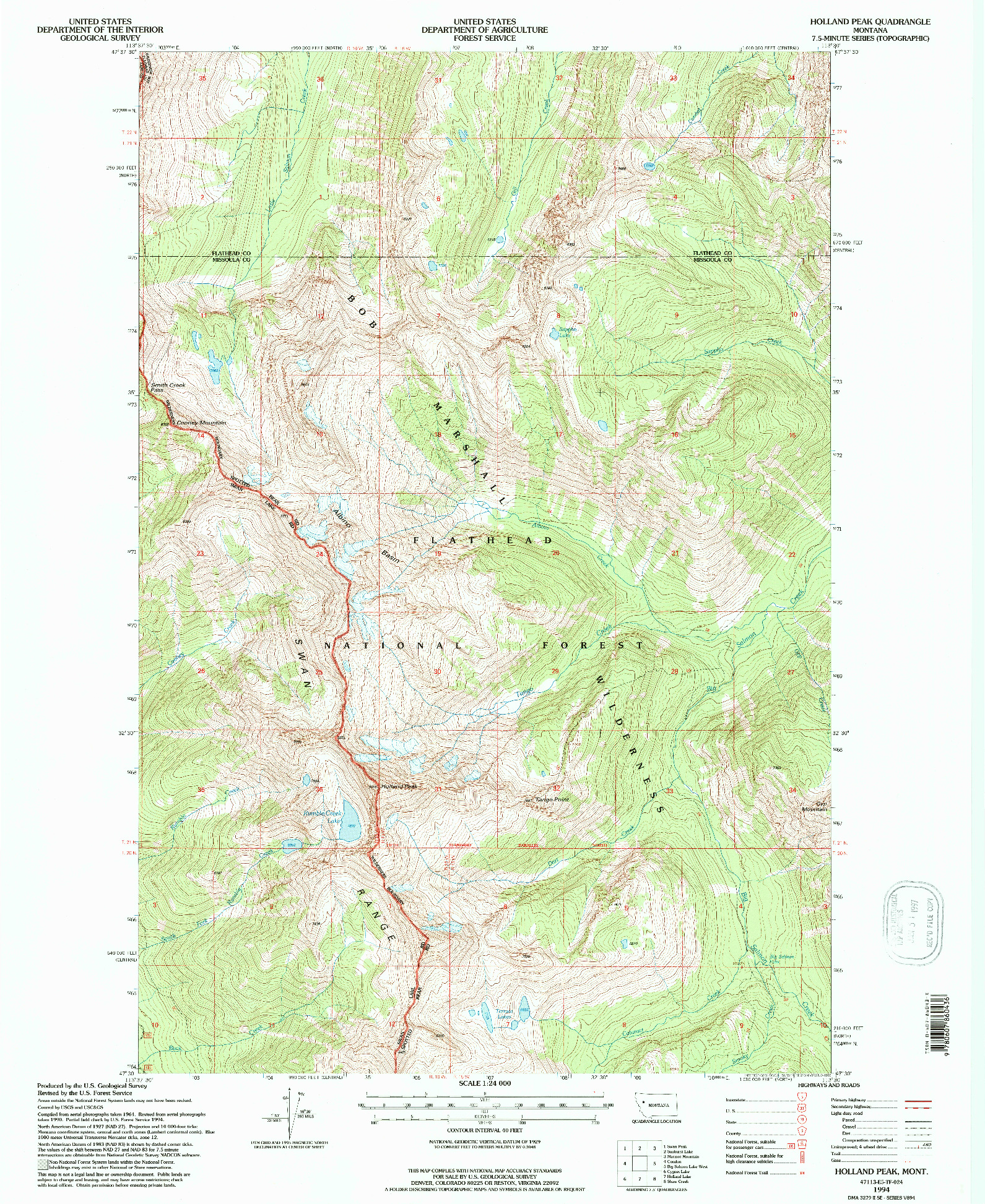 USGS 1:24000-SCALE QUADRANGLE FOR HOLLAND PEAK, MT 1994