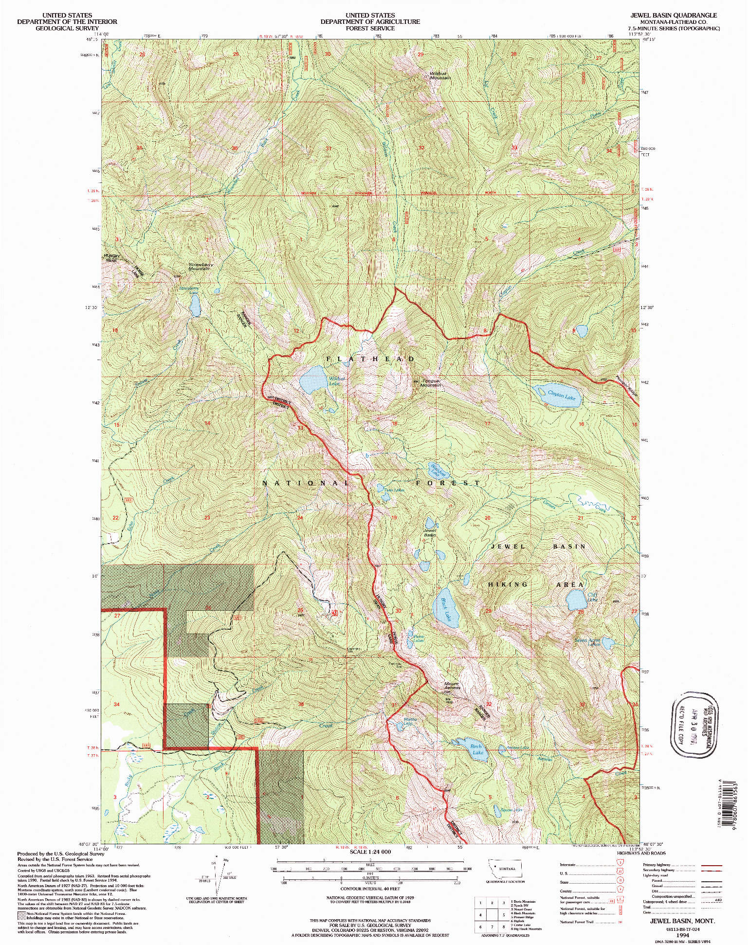 USGS 1:24000-SCALE QUADRANGLE FOR JEWEL BASIN, MT 1994