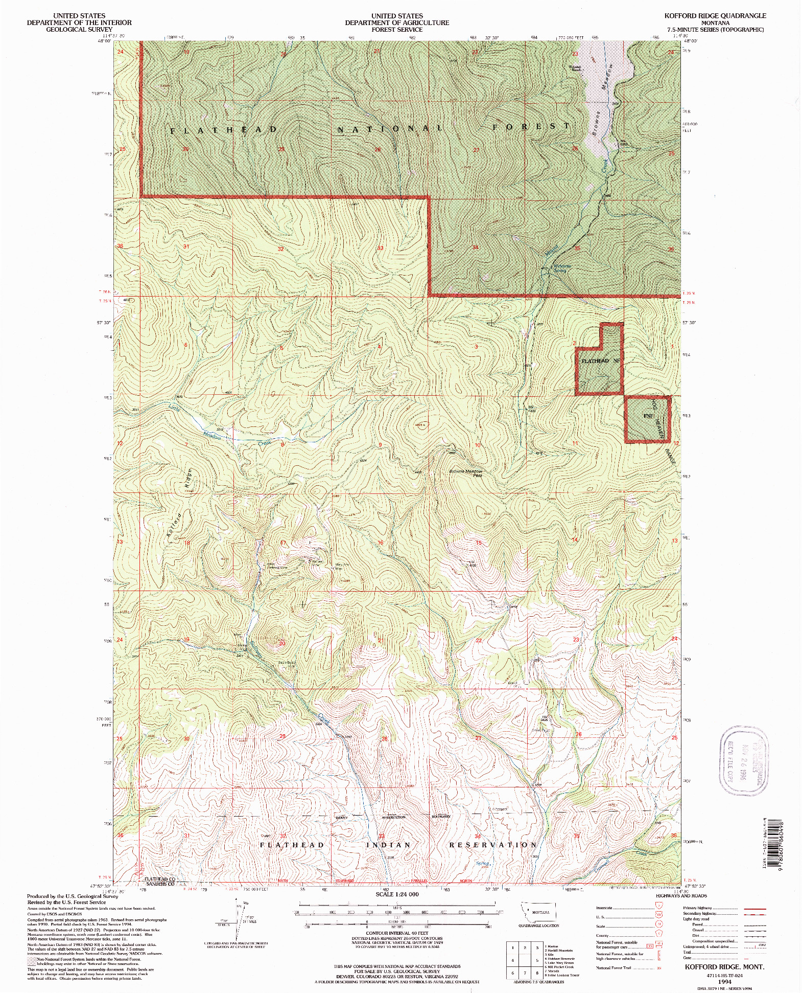 USGS 1:24000-SCALE QUADRANGLE FOR KOFFORD RIDGE, MT 1994