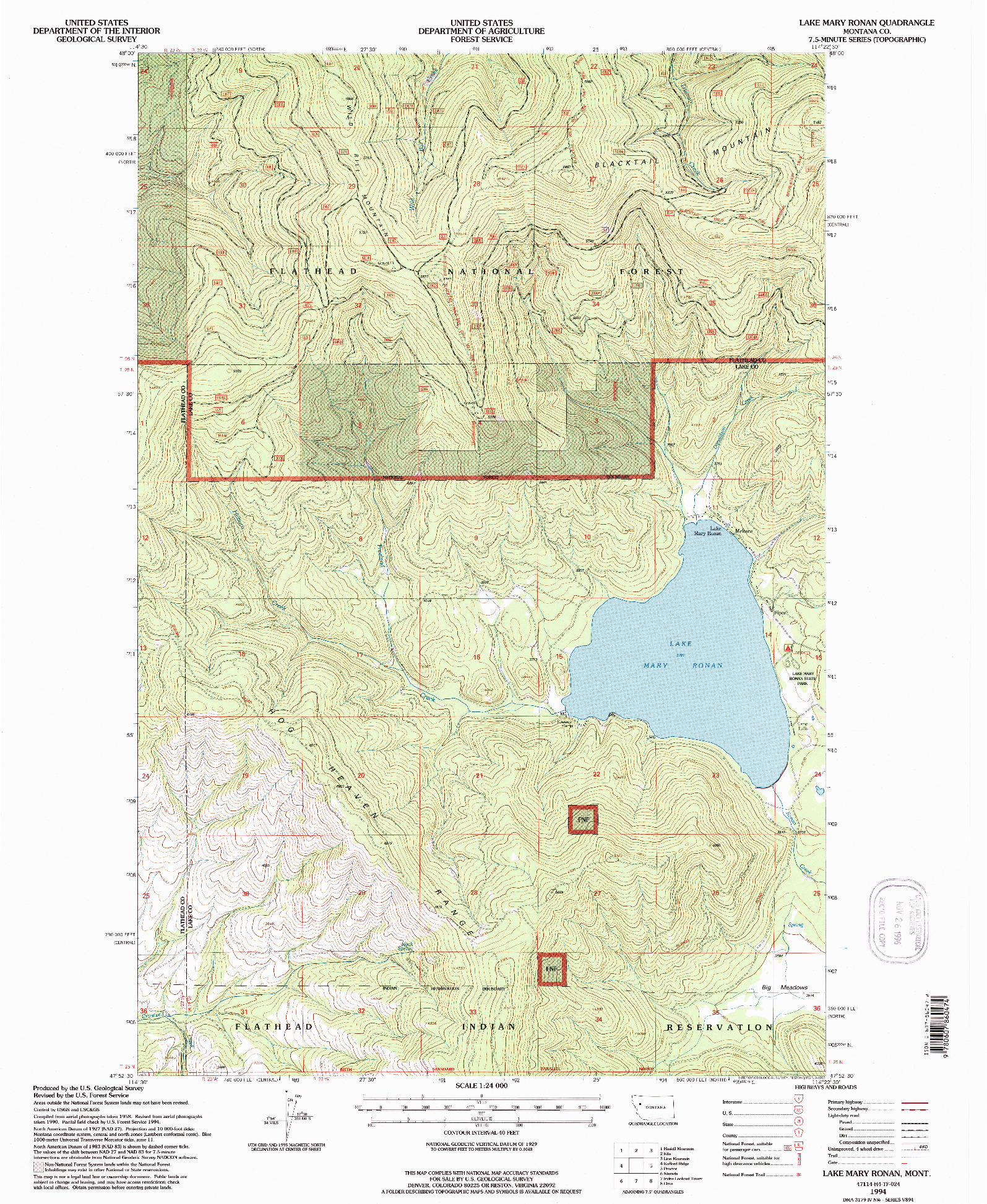 USGS 1:24000-SCALE QUADRANGLE FOR LAKE MARY RONAN, MT 1994