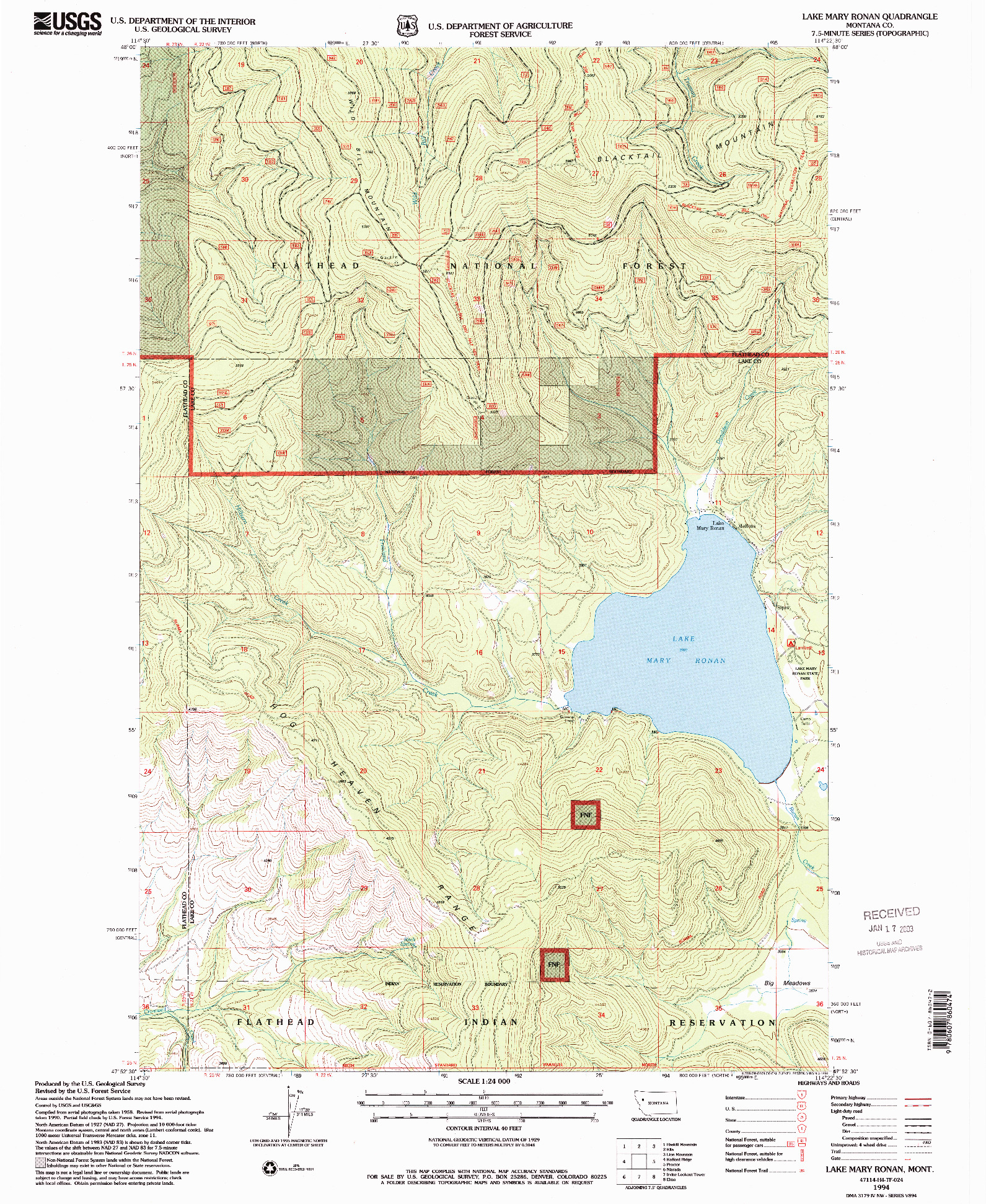 USGS 1:24000-SCALE QUADRANGLE FOR LAKE MARY RONAN, MT 1994