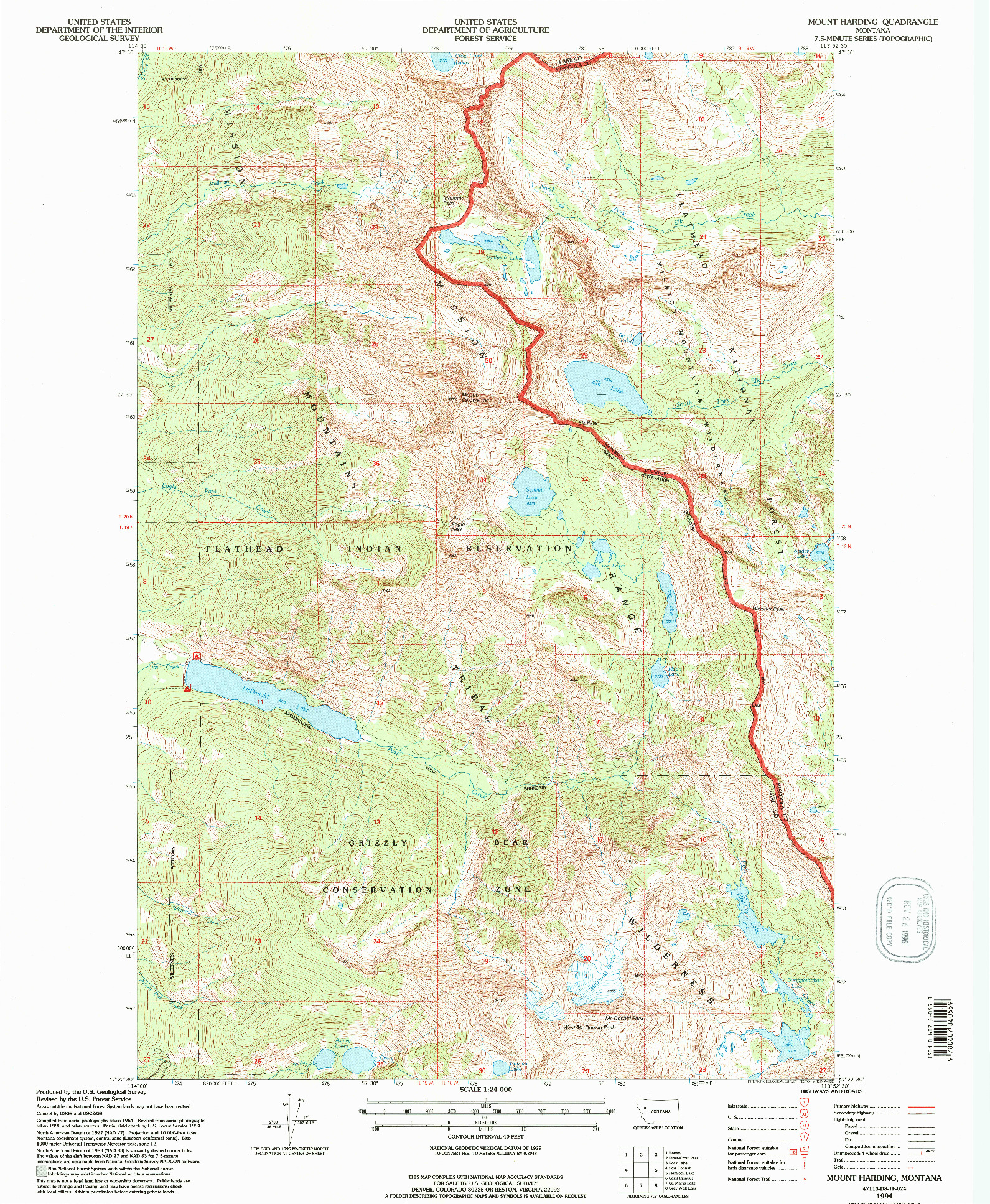 USGS 1:24000-SCALE QUADRANGLE FOR MOUNT HARDING, MT 1994