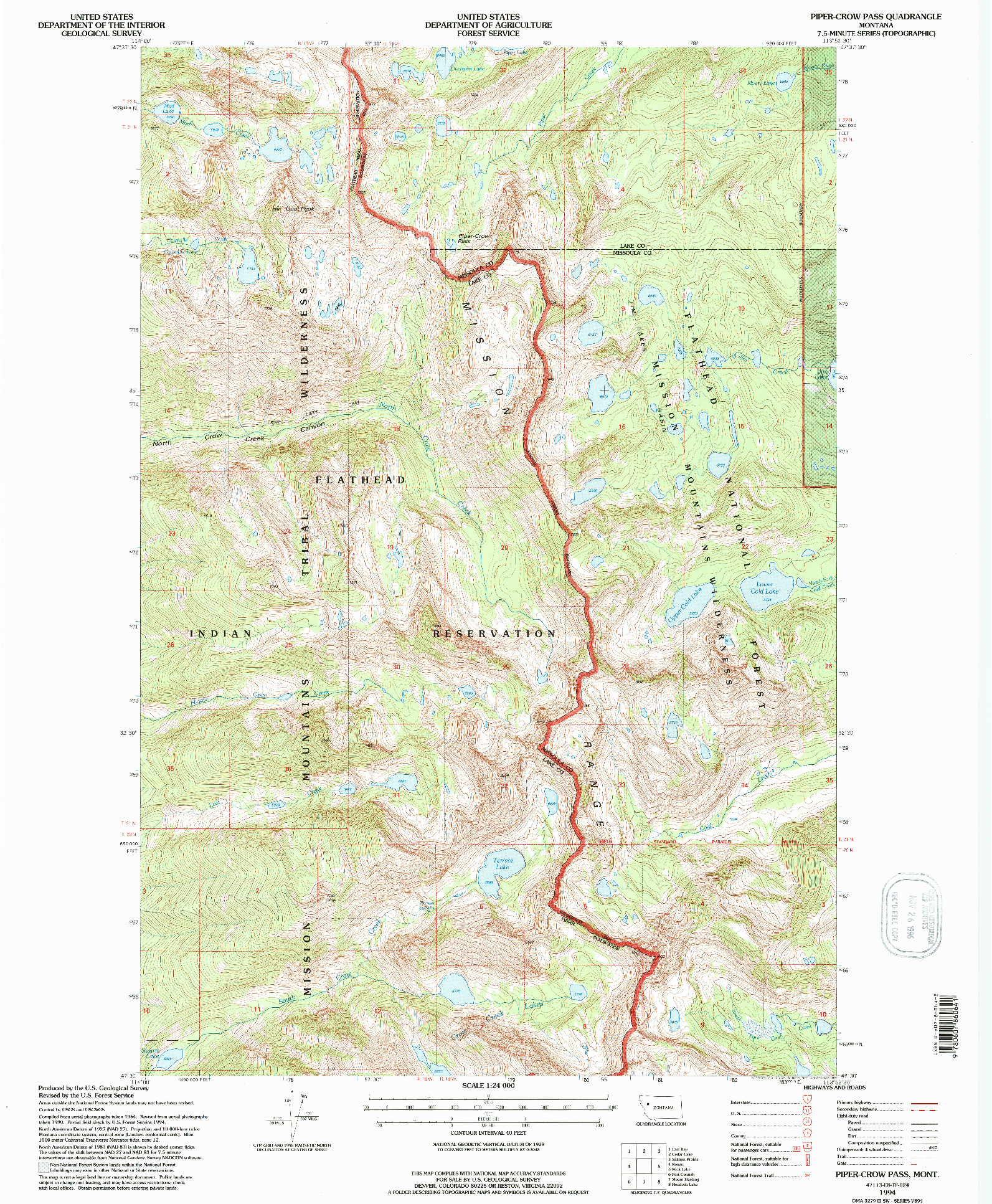 USGS 1:24000-SCALE QUADRANGLE FOR PIPER-CROW PASS, MT 1994