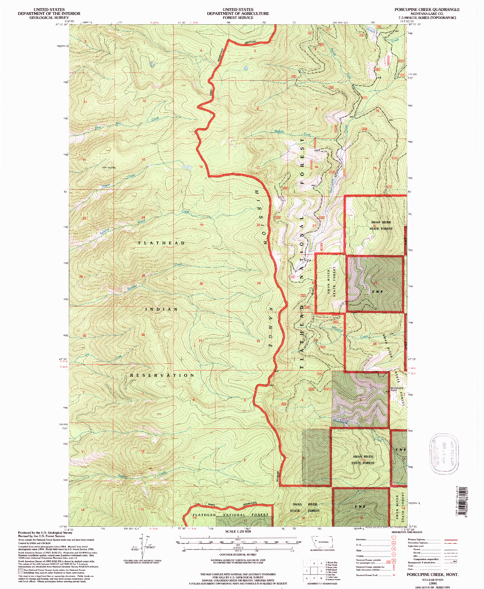 USGS 1:24000-SCALE QUADRANGLE FOR PORCUPINE CREEK, MT 1994