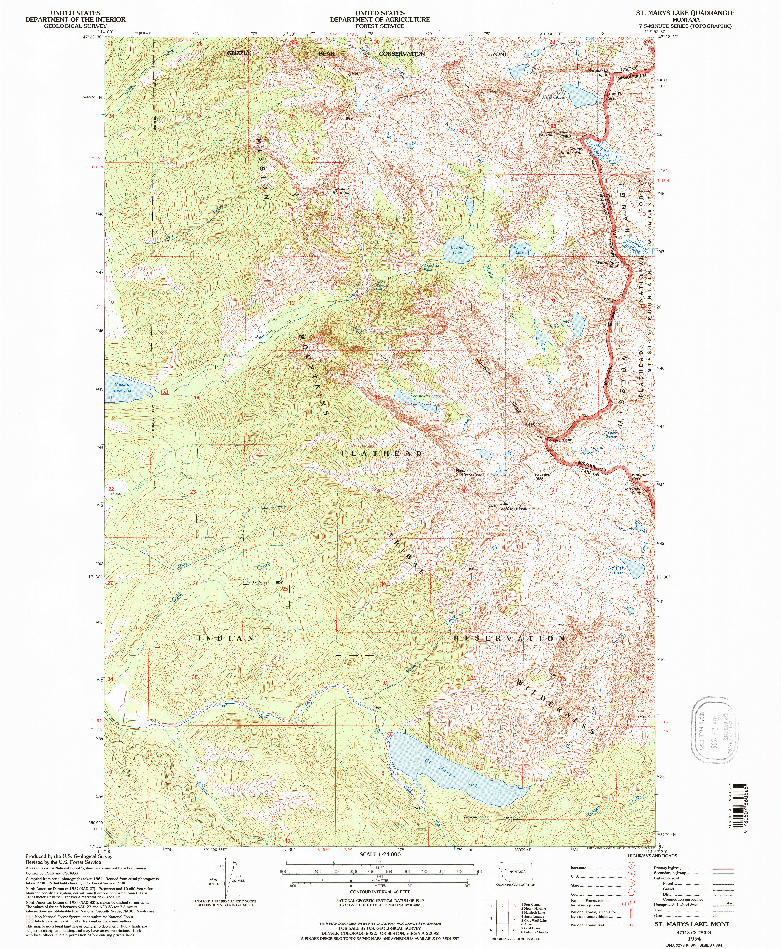 USGS 1:24000-SCALE QUADRANGLE FOR ST MARYS LAKE, MT 1994