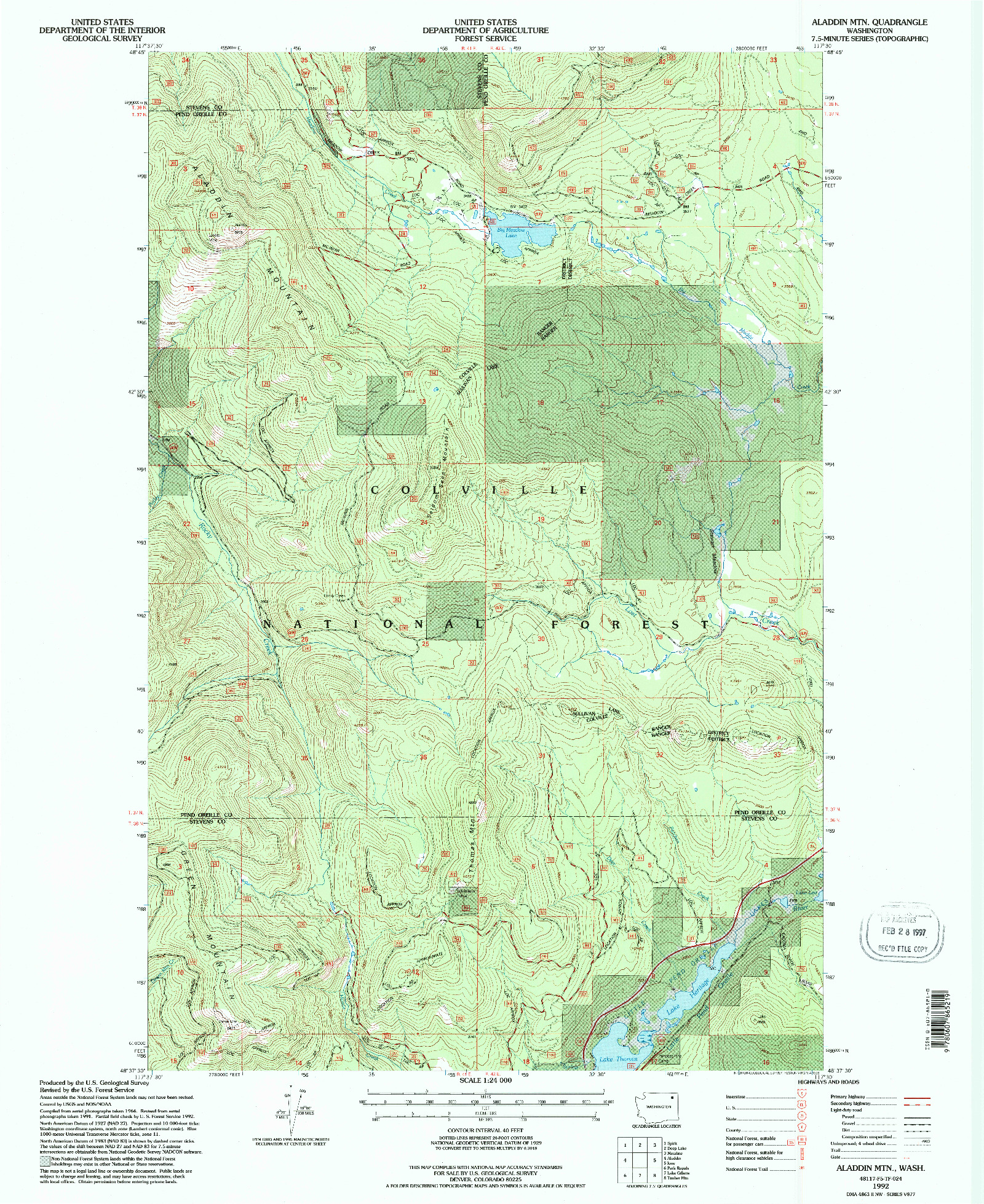USGS 1:24000-SCALE QUADRANGLE FOR ALADDIN MTN, WA 1992