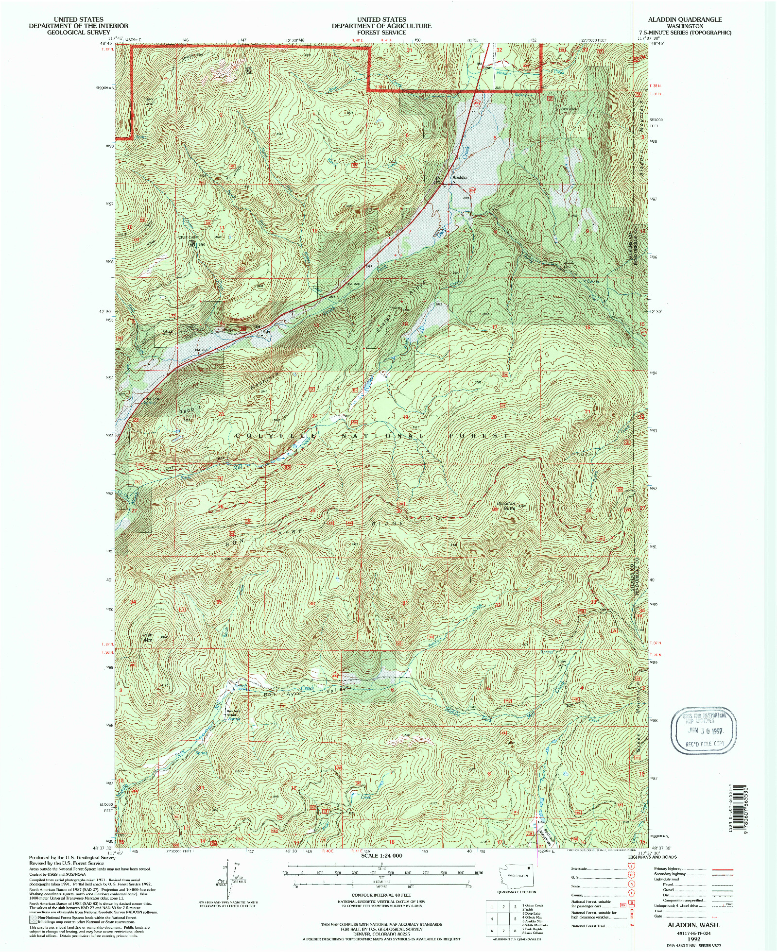 USGS 1:24000-SCALE QUADRANGLE FOR ALADDIN, WA 1992