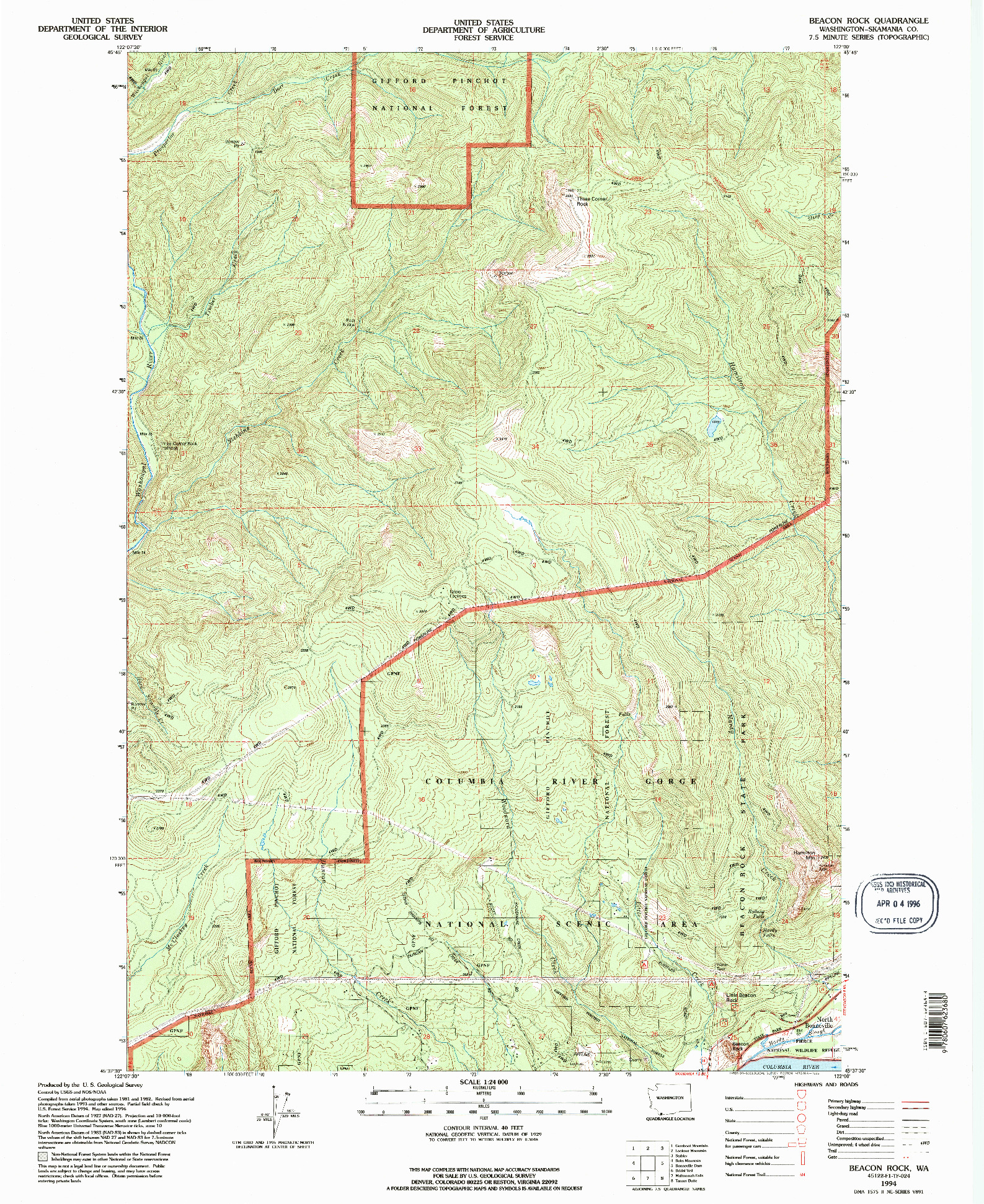 USGS 1:24000-SCALE QUADRANGLE FOR BEACON ROCK, WA 1994