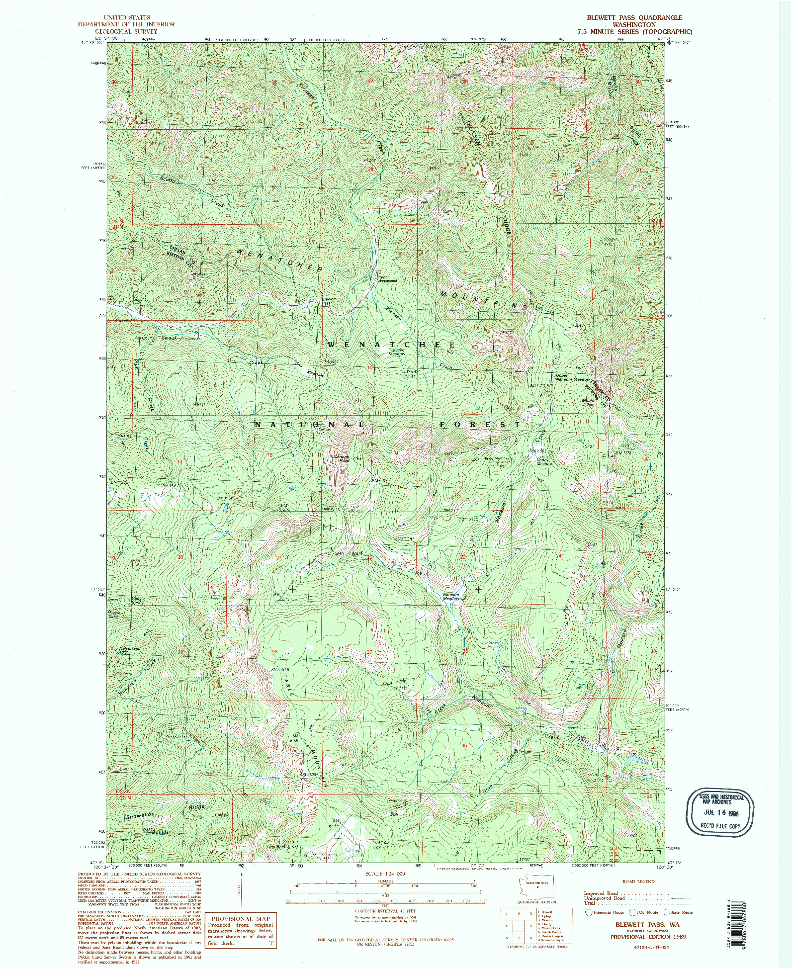 USGS 1:24000-SCALE QUADRANGLE FOR BLEWETT PASS, WA 1989