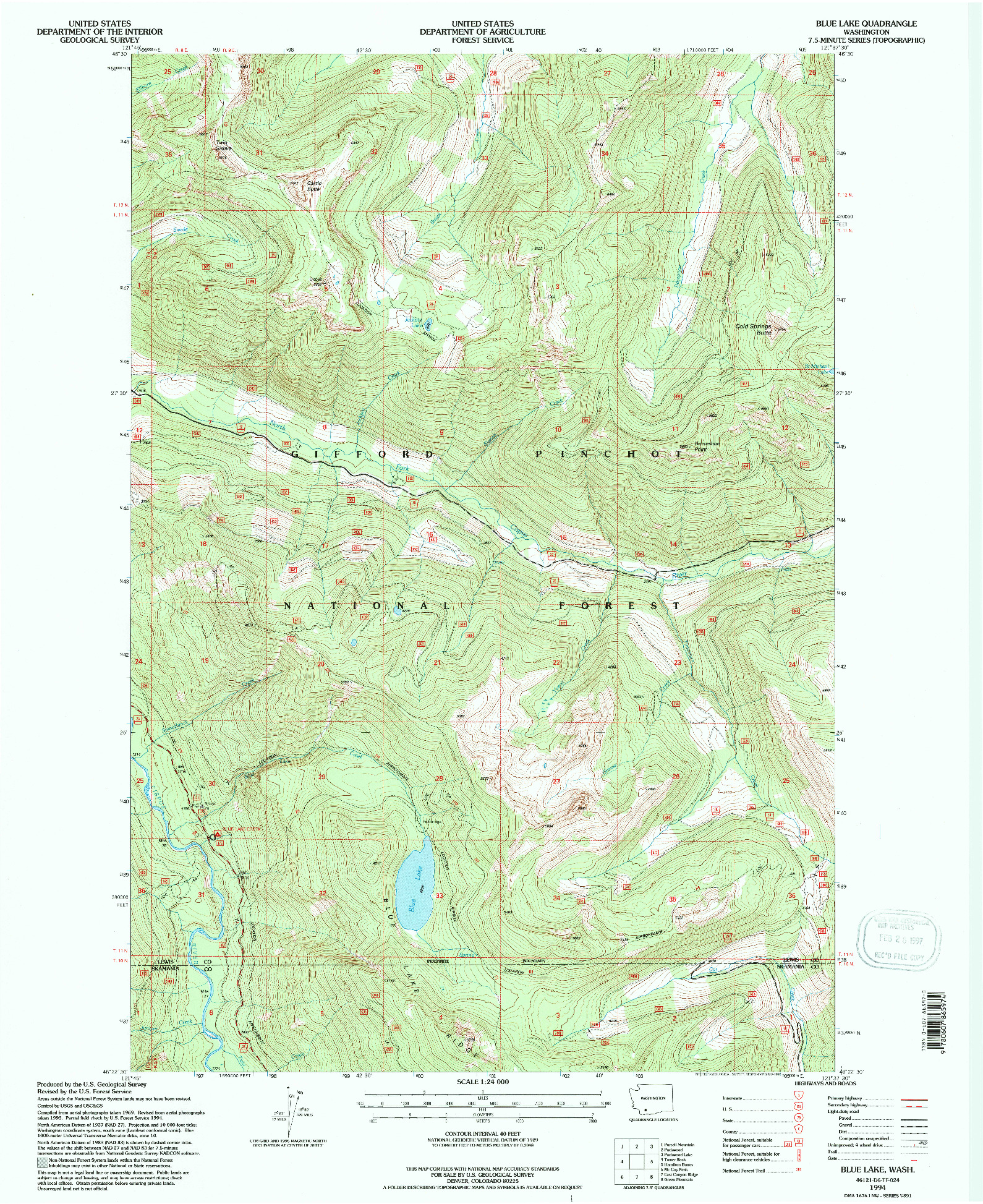 USGS 1:24000-SCALE QUADRANGLE FOR BLUE LAKE, WA 1994