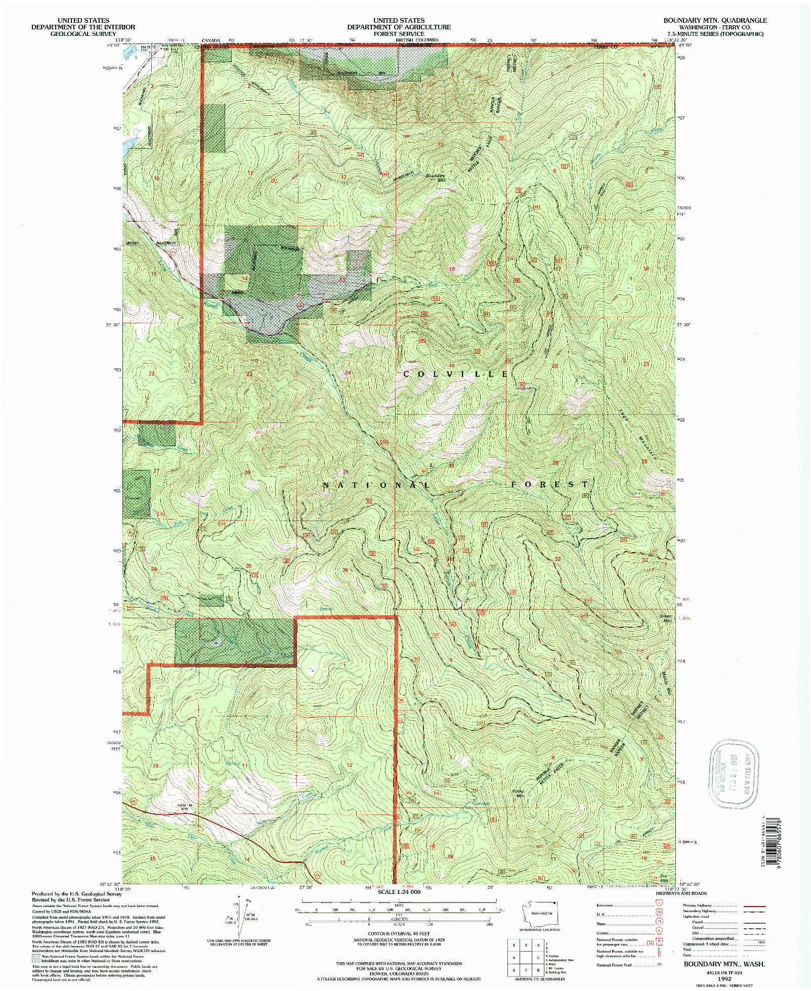 USGS 1:24000-SCALE QUADRANGLE FOR BOUNDARY MTN, WA 1992