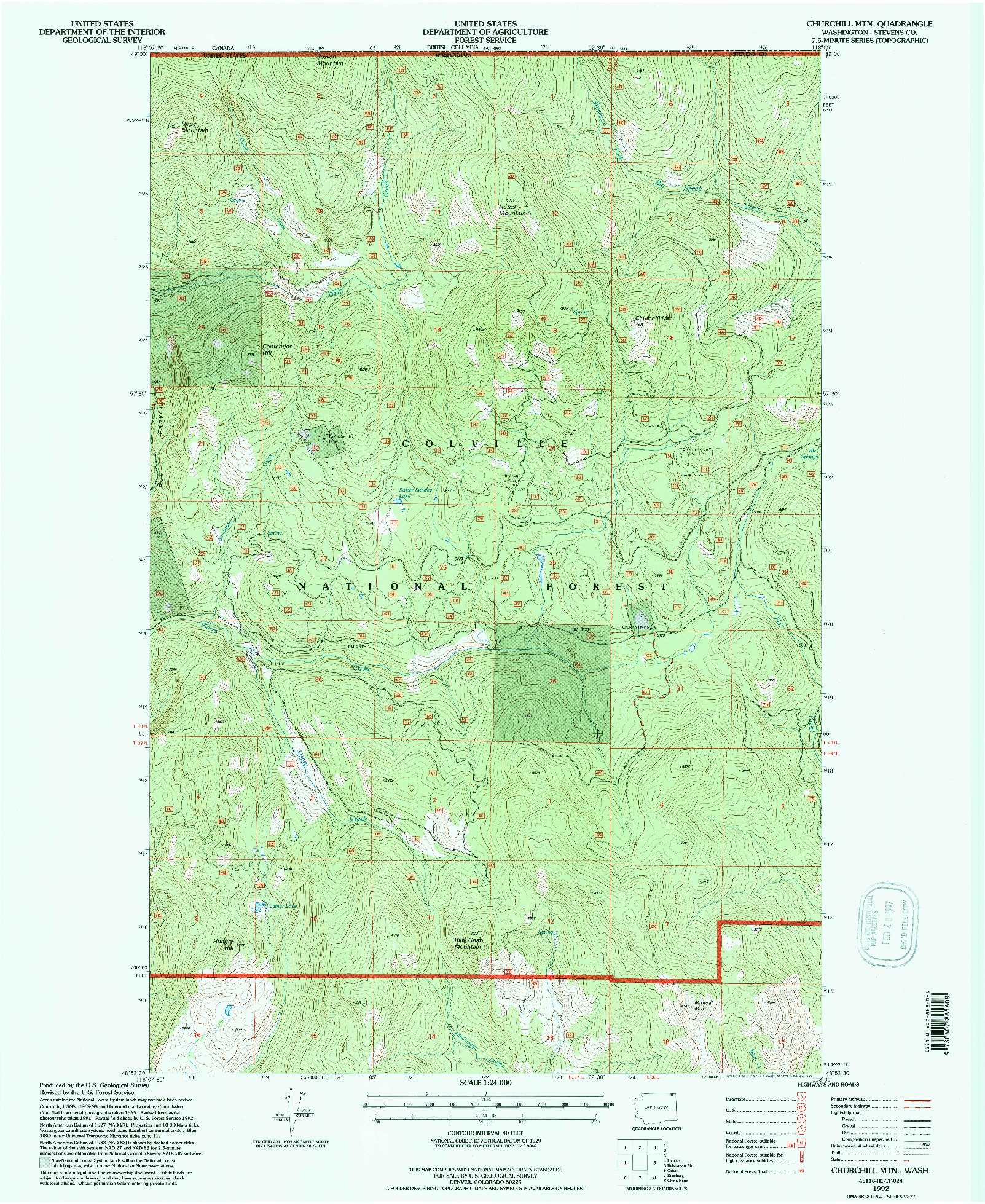 USGS 1:24000-SCALE QUADRANGLE FOR CHURCHILL MTN, WA 1992