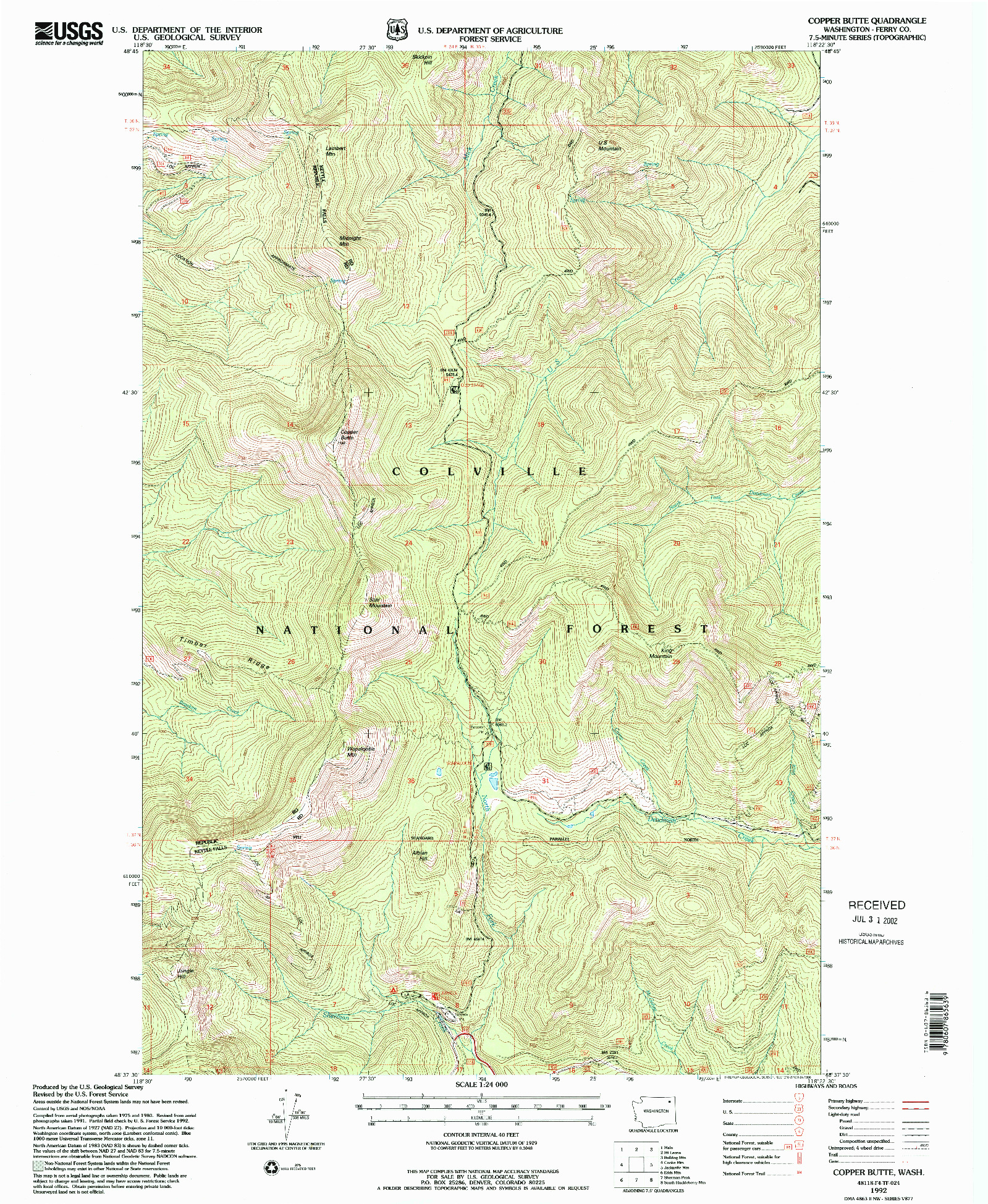 USGS 1:24000-SCALE QUADRANGLE FOR COPPER BUTTE, WA 1992