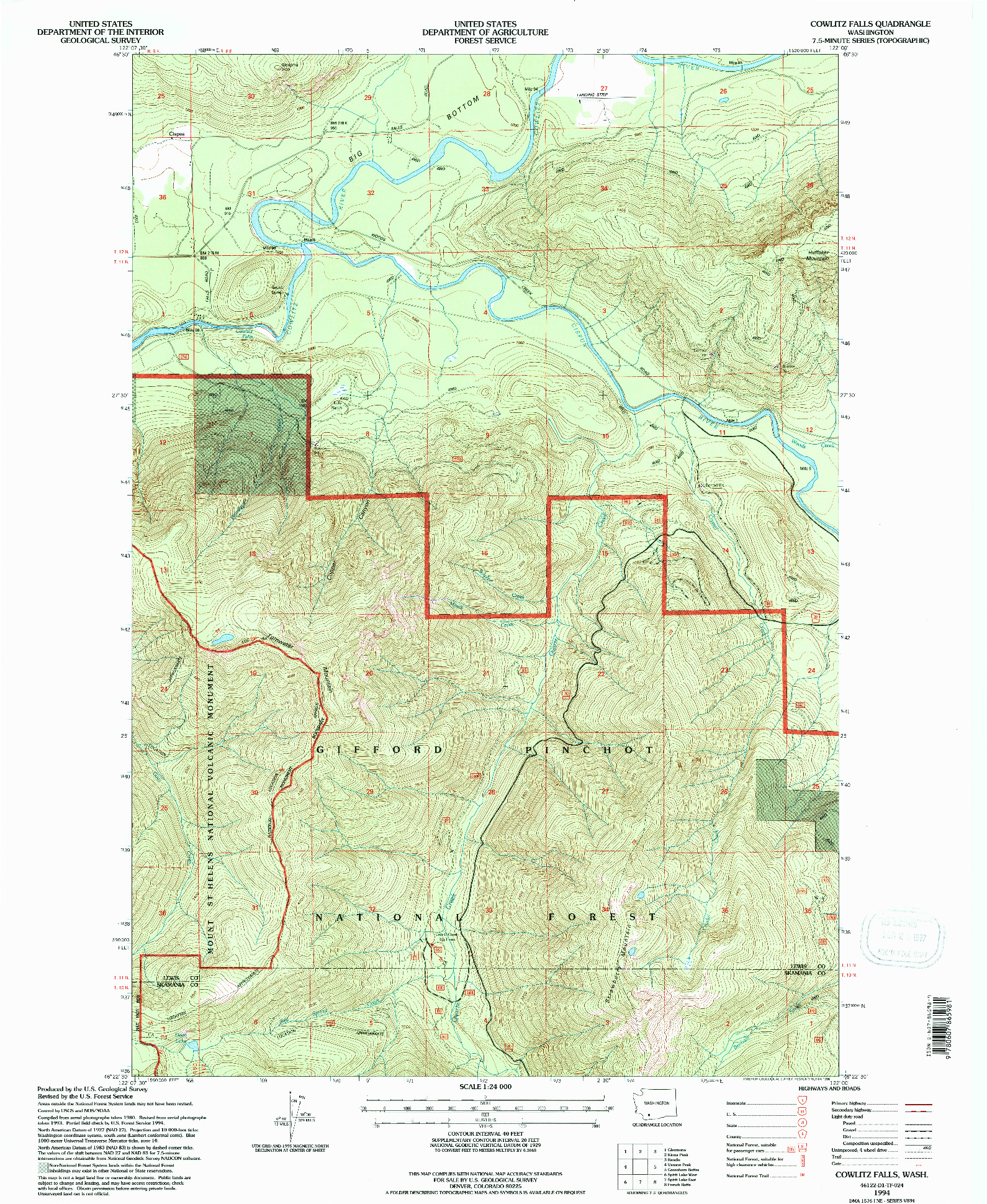 USGS 1:24000-SCALE QUADRANGLE FOR COWLITZ FALLS, WA 1994