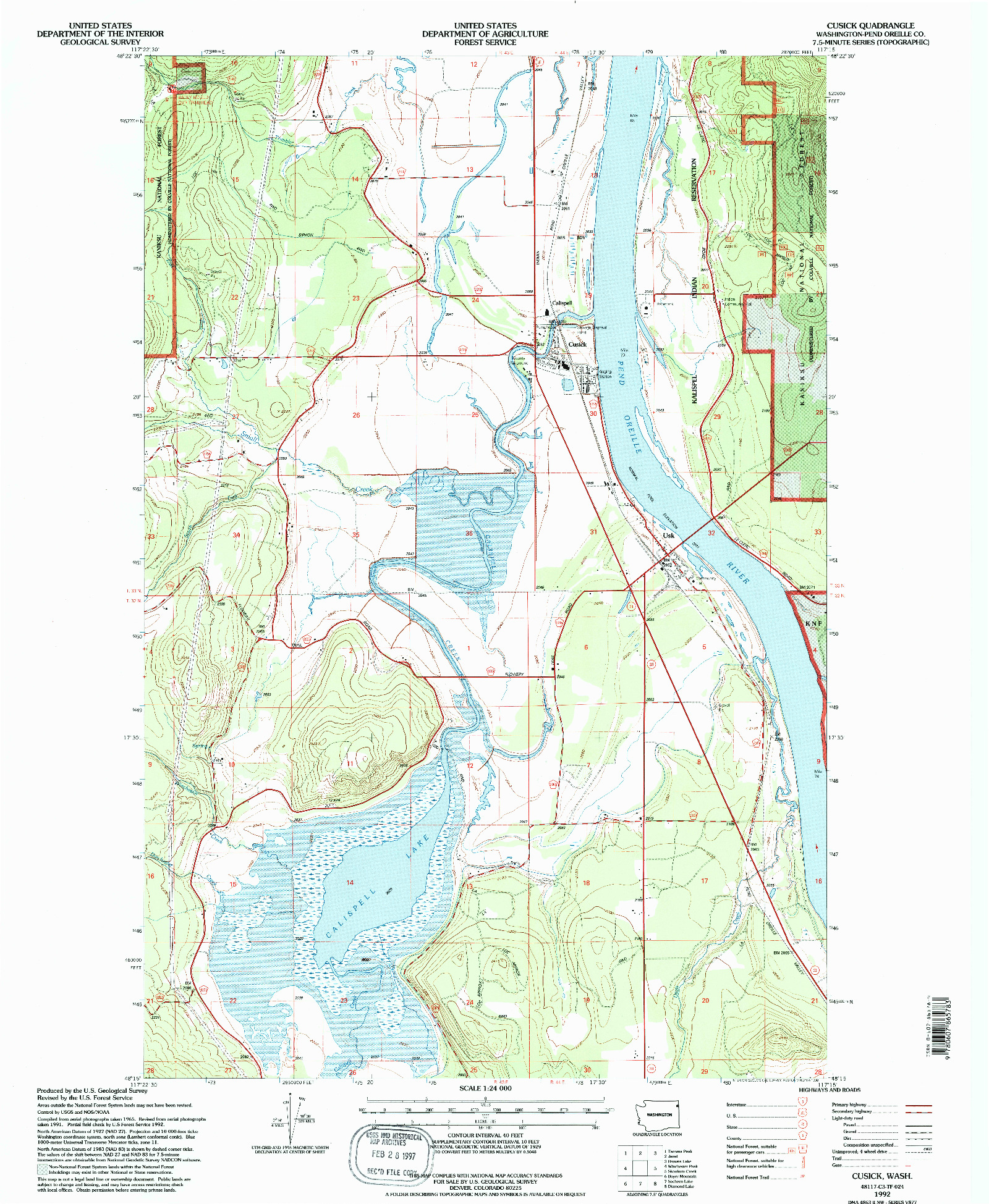 USGS 1:24000-SCALE QUADRANGLE FOR CUSICK, WA 1992