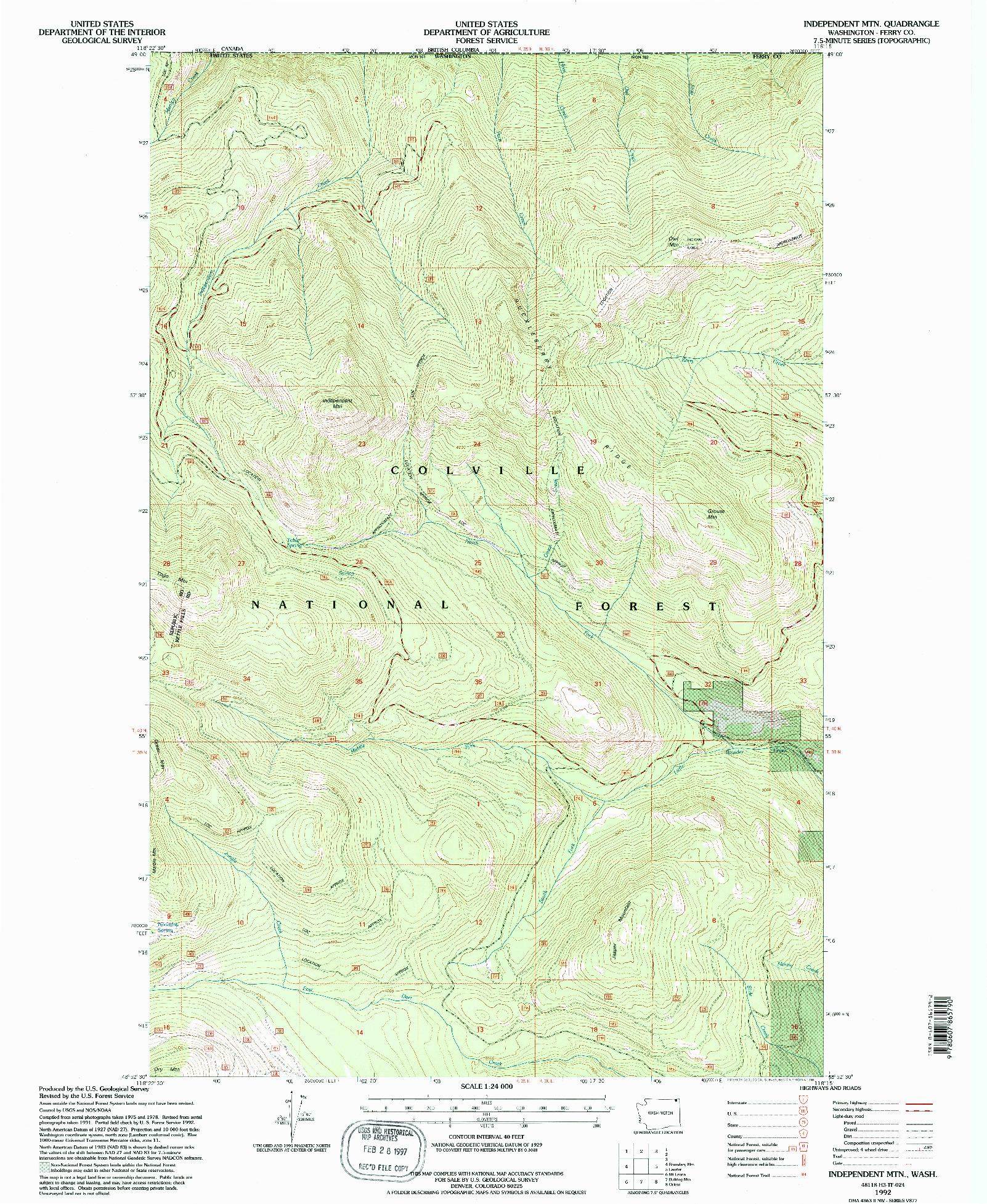 USGS 1:24000-SCALE QUADRANGLE FOR INDEPENDENT MTN, WA 1992