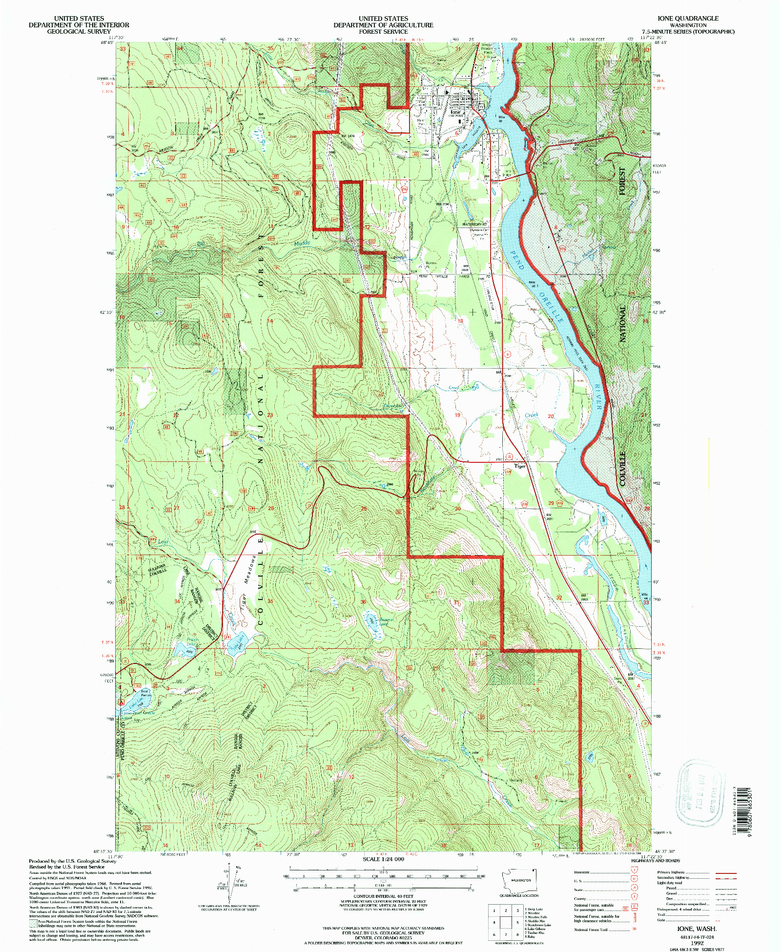USGS 1:24000-SCALE QUADRANGLE FOR IONE, WA 1992