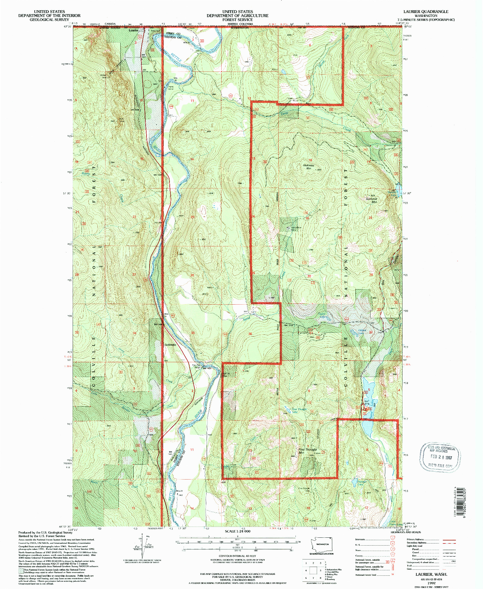 USGS 1:24000-SCALE QUADRANGLE FOR LAURIER, WA 1992