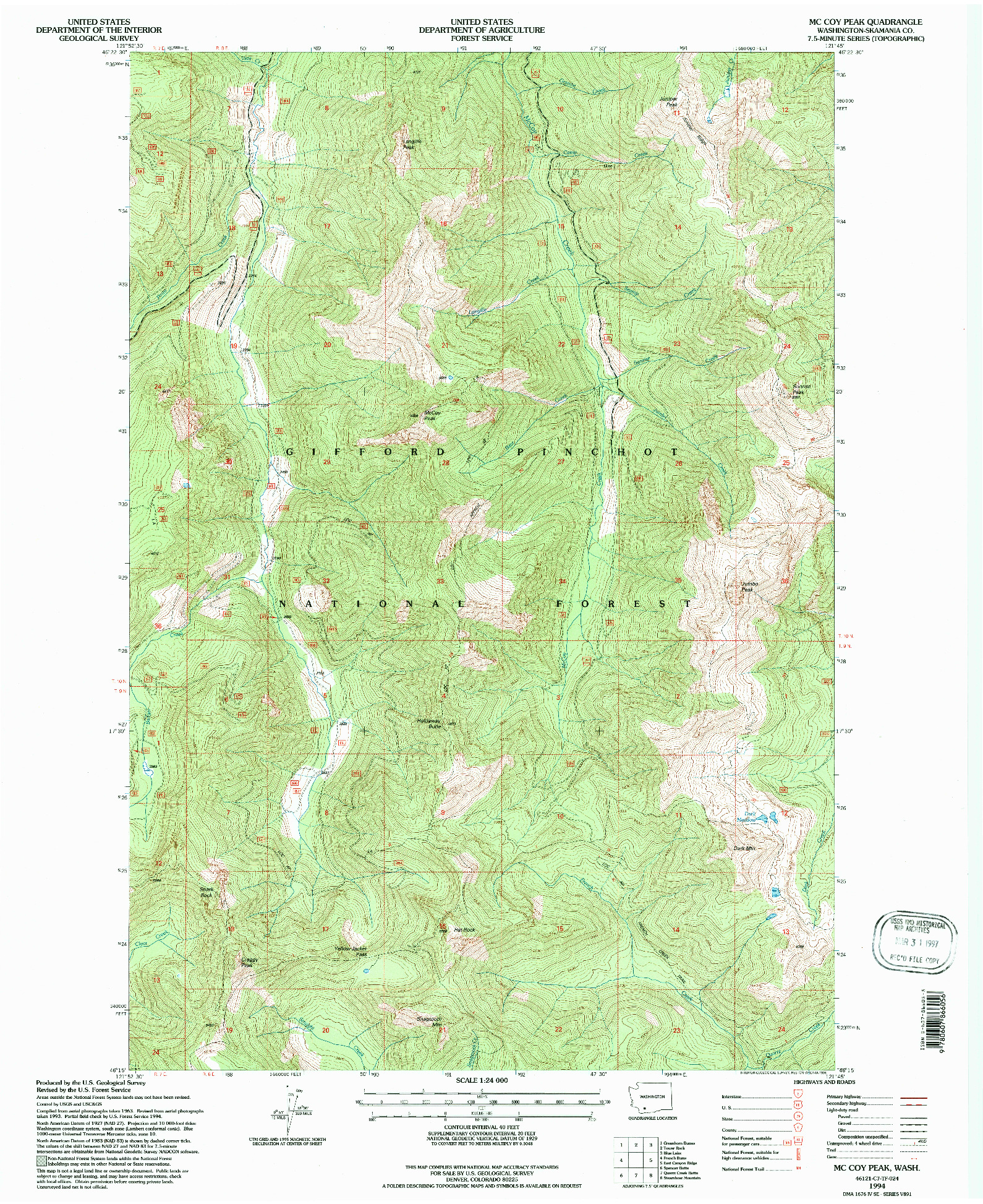 USGS 1:24000-SCALE QUADRANGLE FOR MC COY PEAK, WA 1994