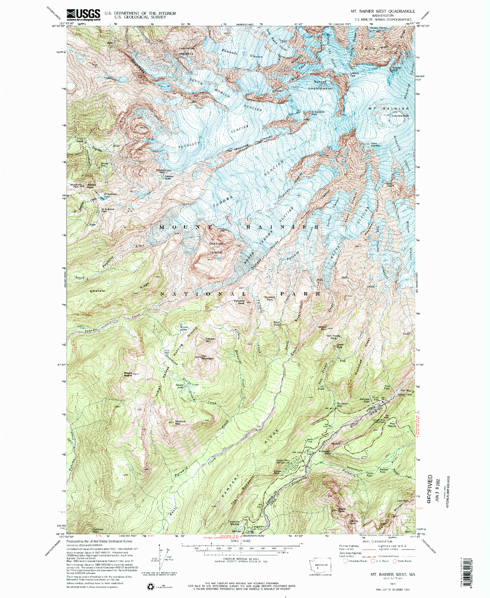 USGS 1:24000-SCALE QUADRANGLE FOR MT RAINIER WEST, WA 1971