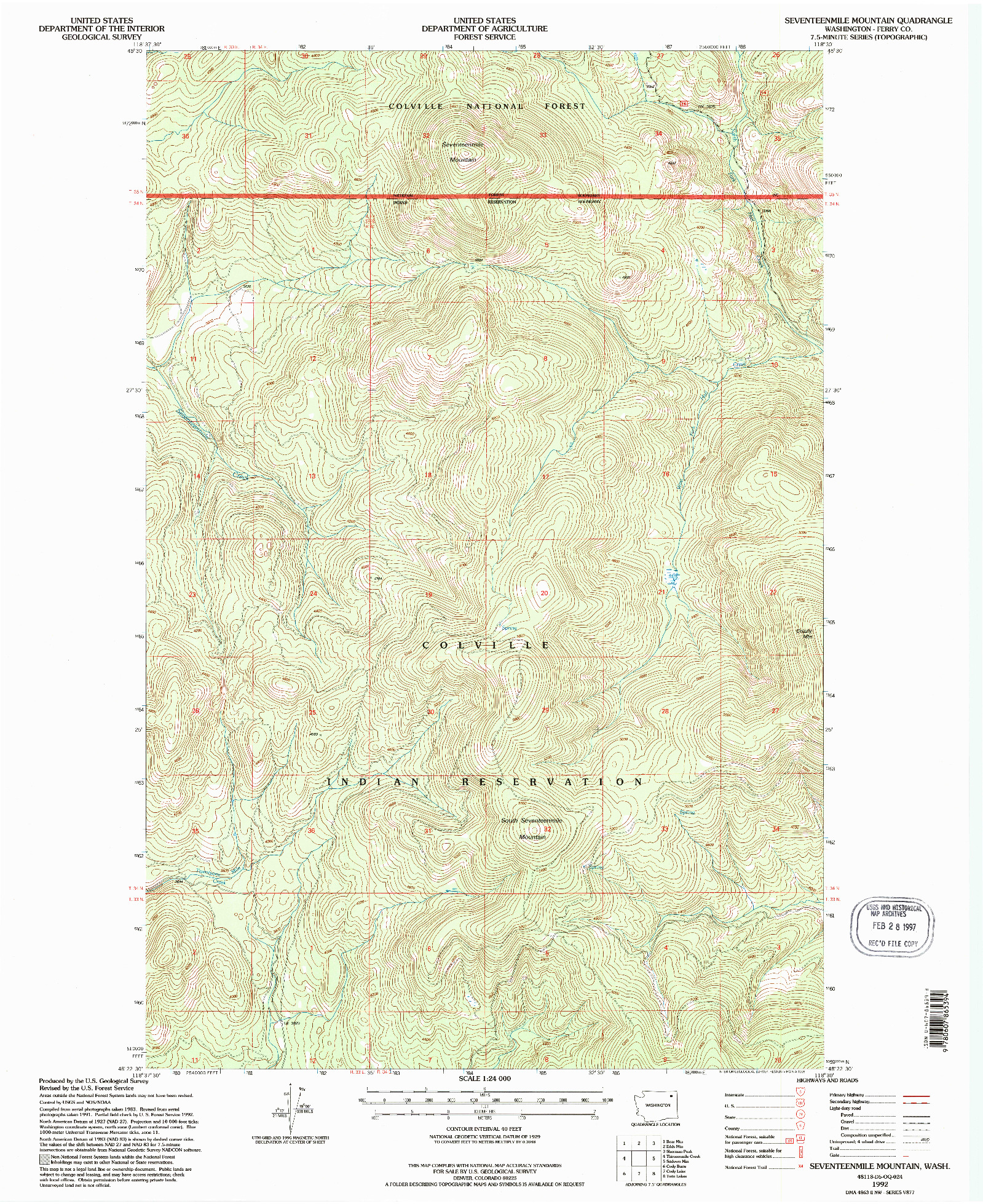 USGS 1:24000-SCALE QUADRANGLE FOR SEVENTEENMILE MOUNTAIN, WA 1992