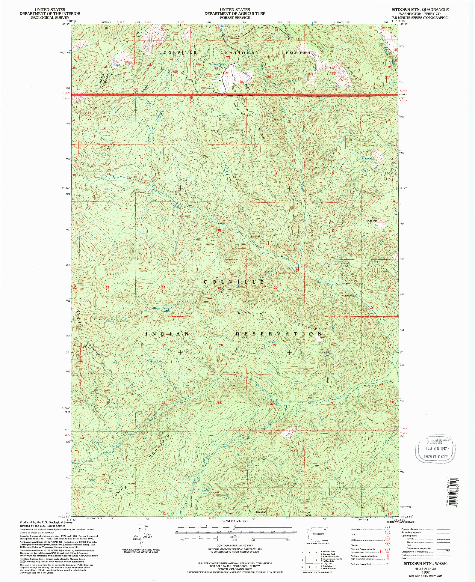 USGS 1:24000-SCALE QUADRANGLE FOR SITDOWN MTN., WA 1992