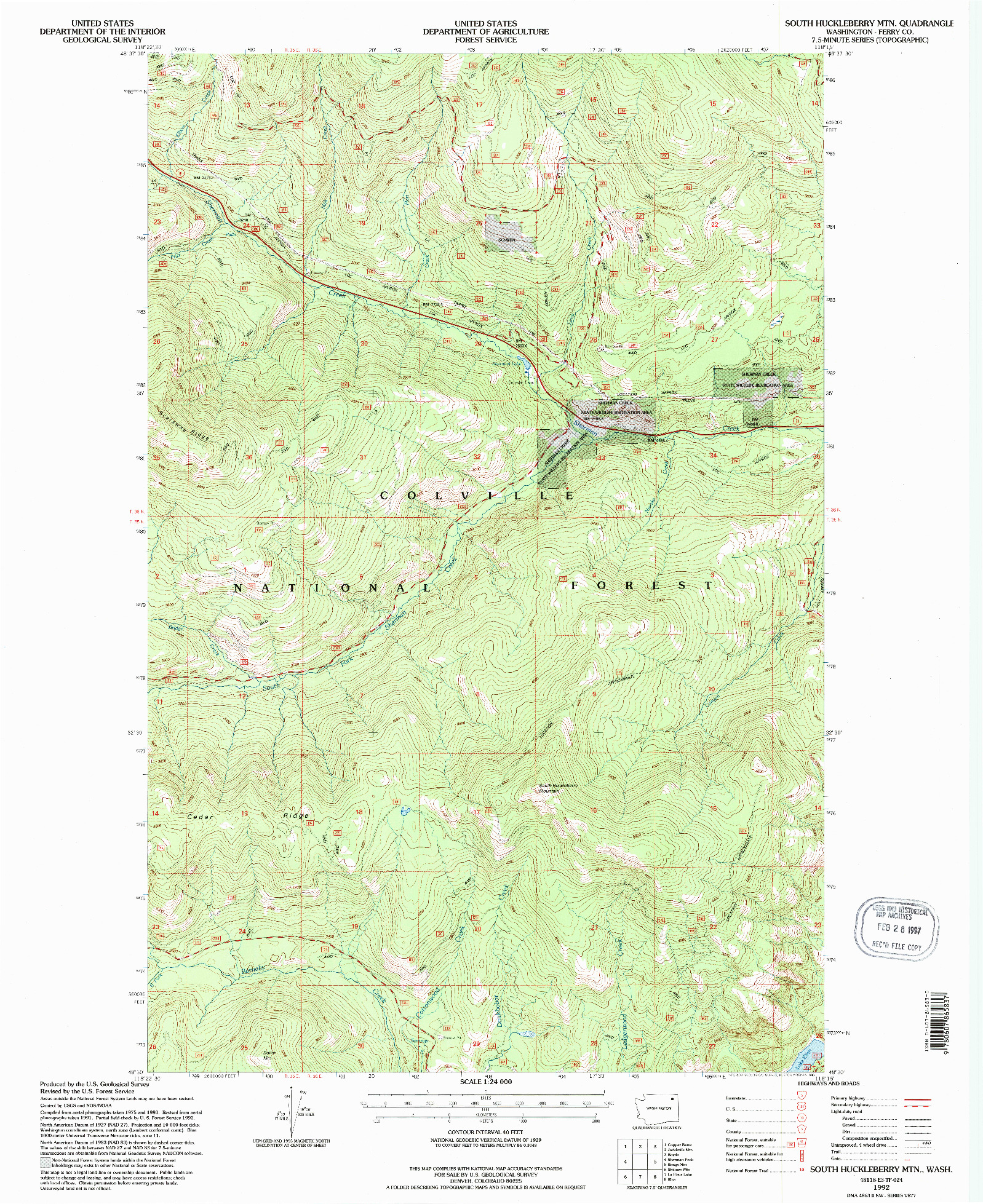 USGS 1:24000-SCALE QUADRANGLE FOR SOUTH HUCKLEBERRY MTN., WA 1992