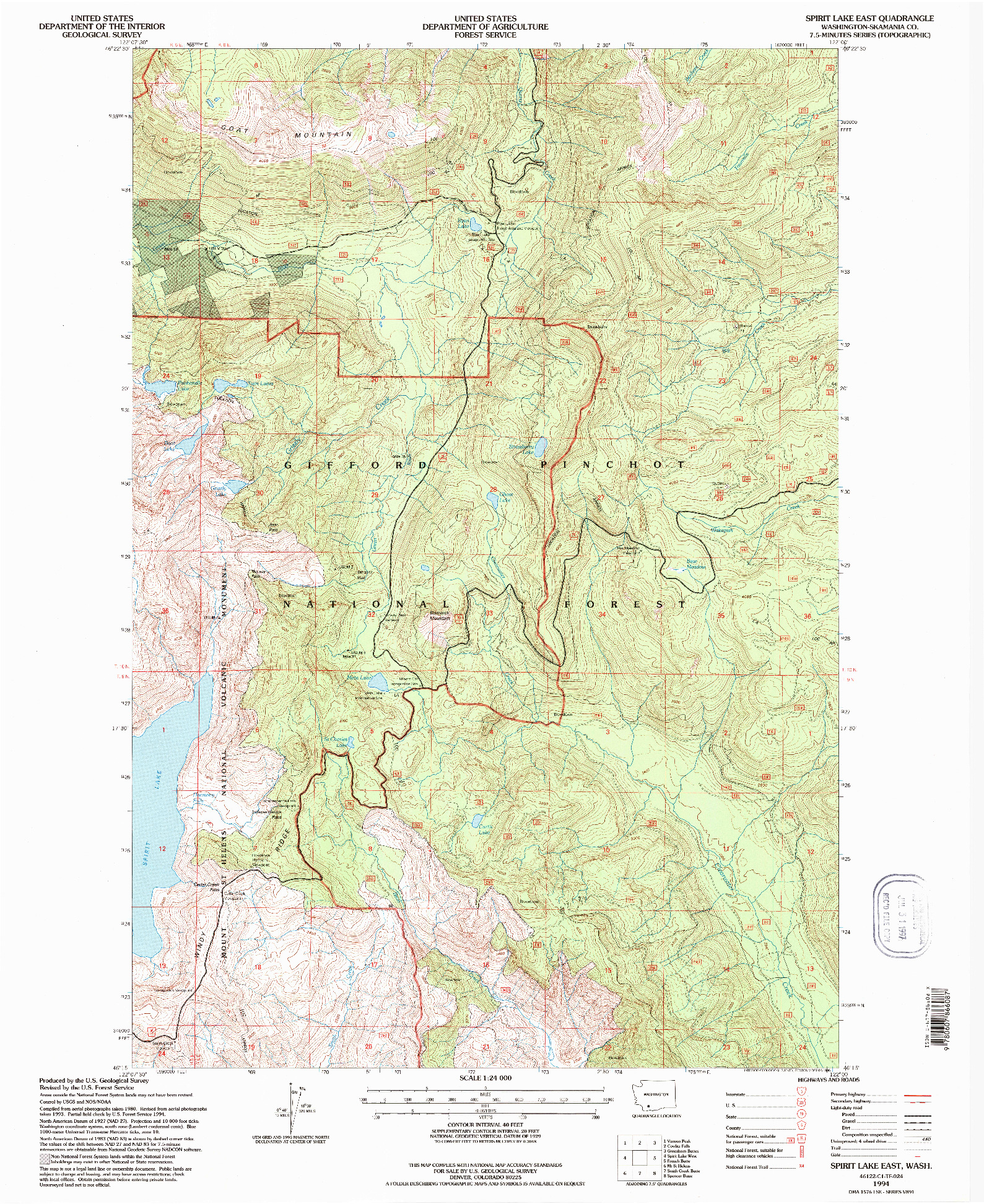 USGS 1:24000-SCALE QUADRANGLE FOR SPIRIT LAKE EAST, WA 1994