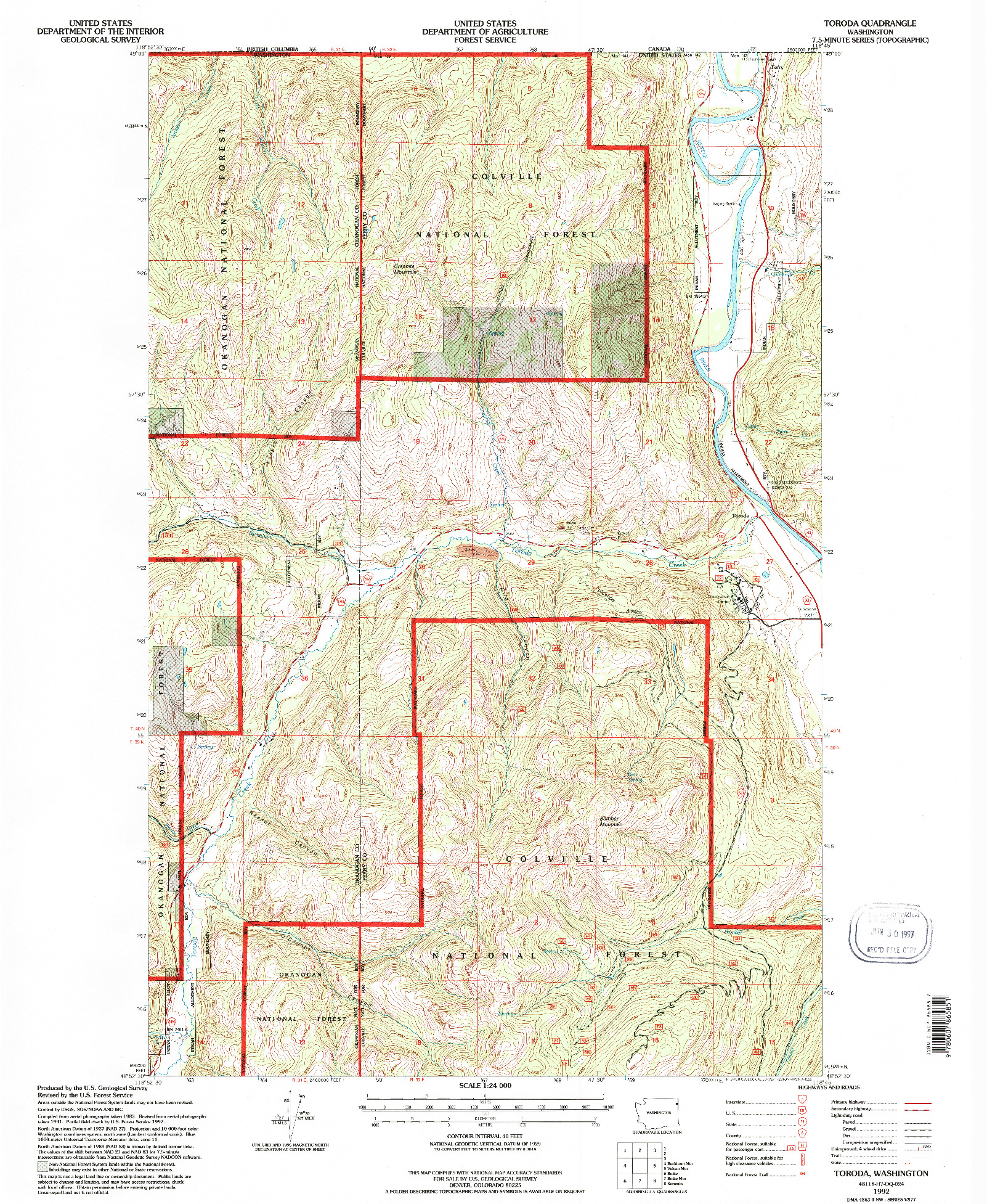 USGS 1:24000-SCALE QUADRANGLE FOR TORODA, WA 1992