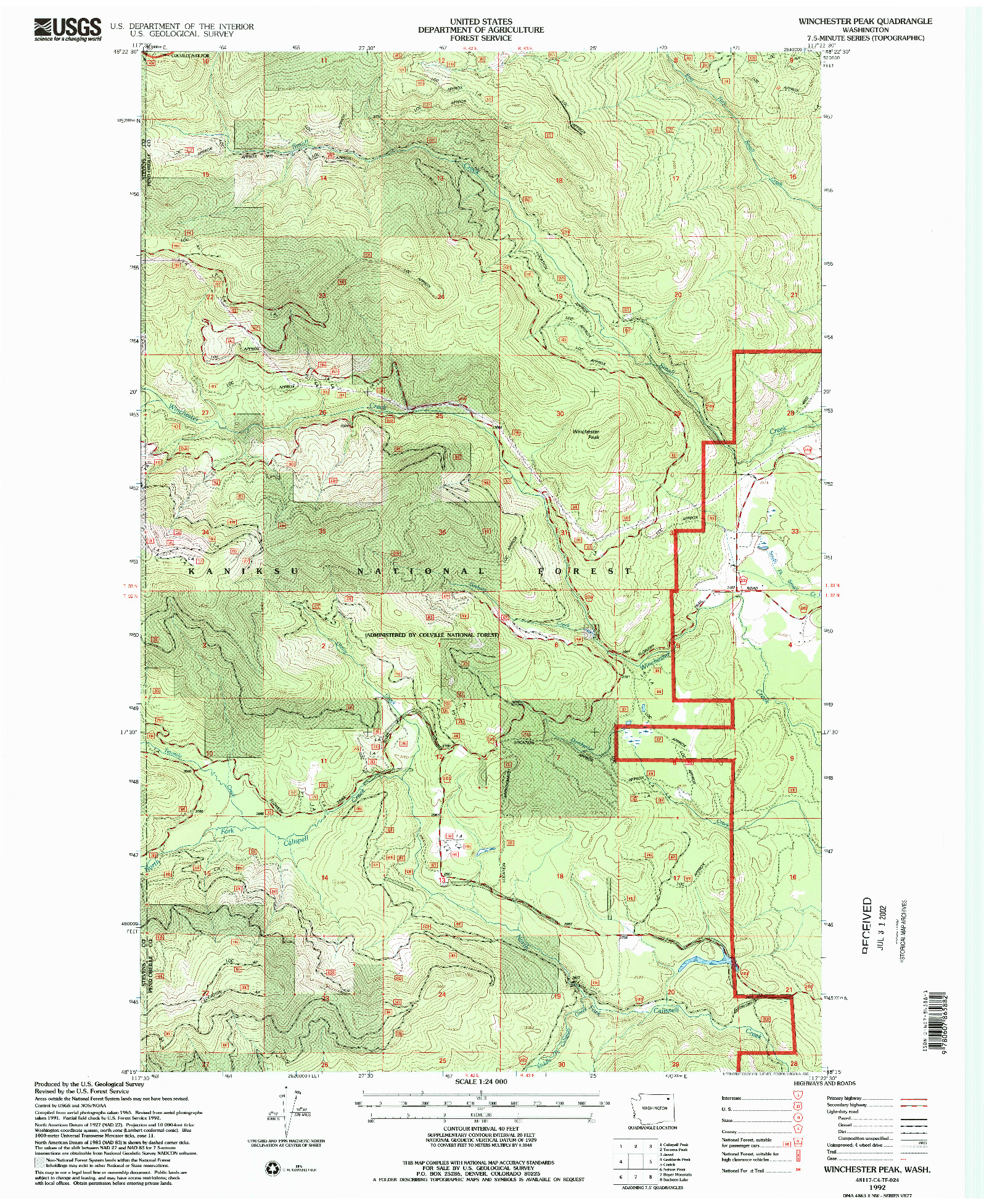 USGS 1:24000-SCALE QUADRANGLE FOR WINCHESTER PEAK, WA 1992